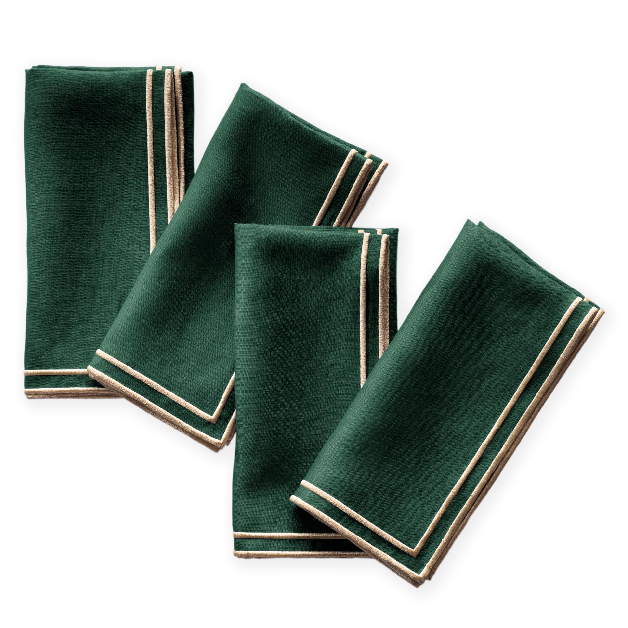 Juego de 4 servilletas de lino 100 % puro, color verde, con borde dorado bordado, 20 x 20 pulgadas, servilletas de tela lavables para otoño, Acción de Gracias y Navidad