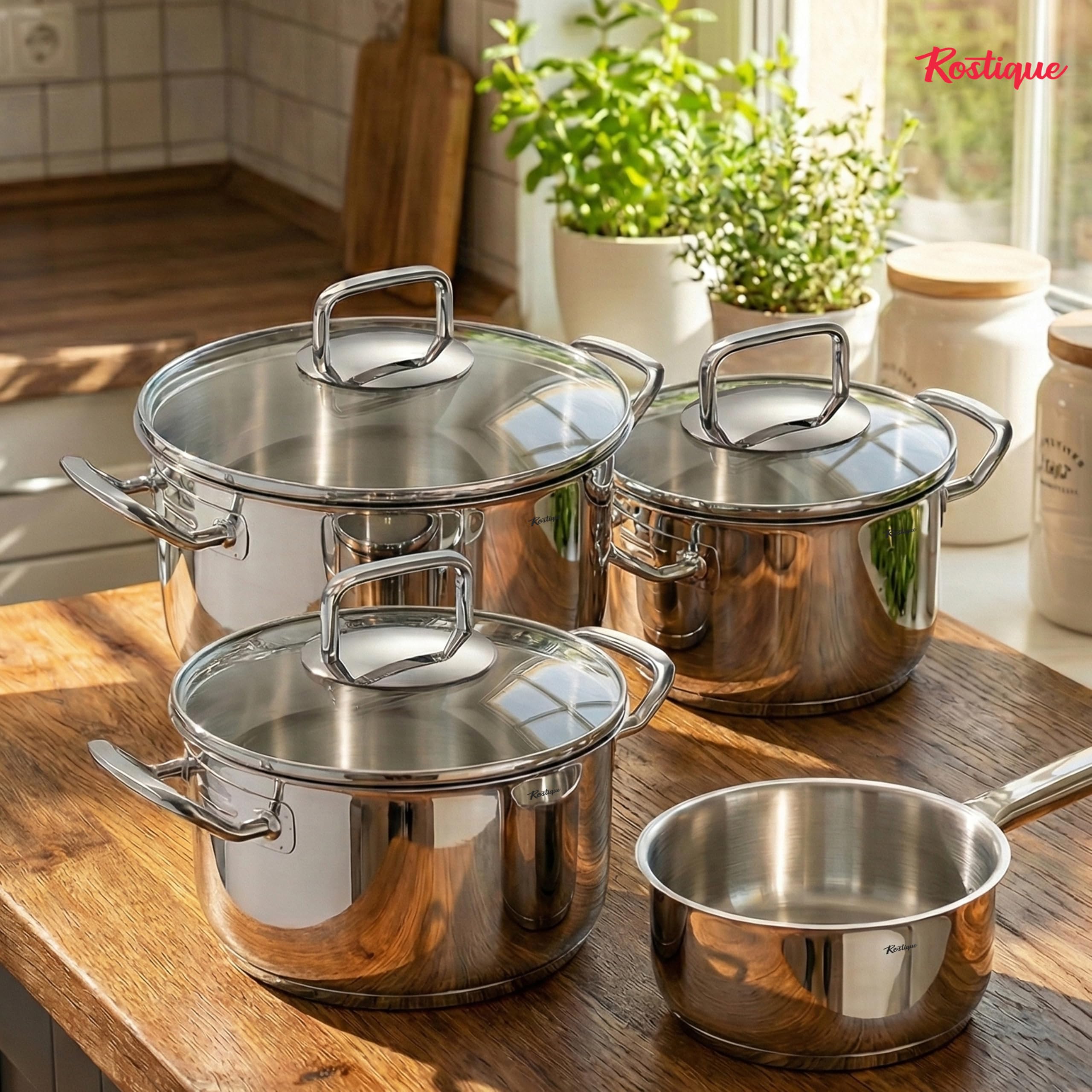 Juego de 4 utensilios de cocina de acero inoxidable, olla de 16 cm, olla de 16/20/24 cm, apta para todo tipo de fuegos, con tapa de cristal