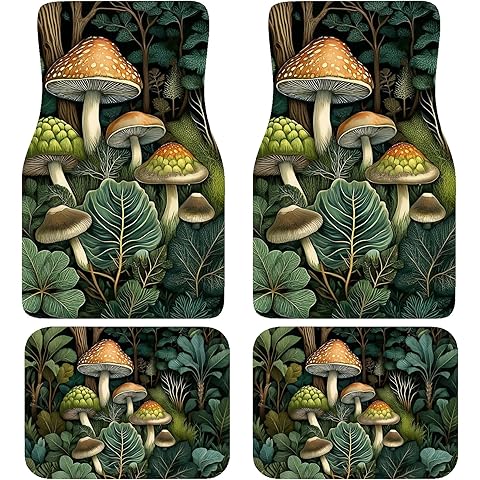 Artistic Fabric Car Floor Mats-Non-Slip Rubber Backing,Mushroom,Front & Rear Set-Wa...