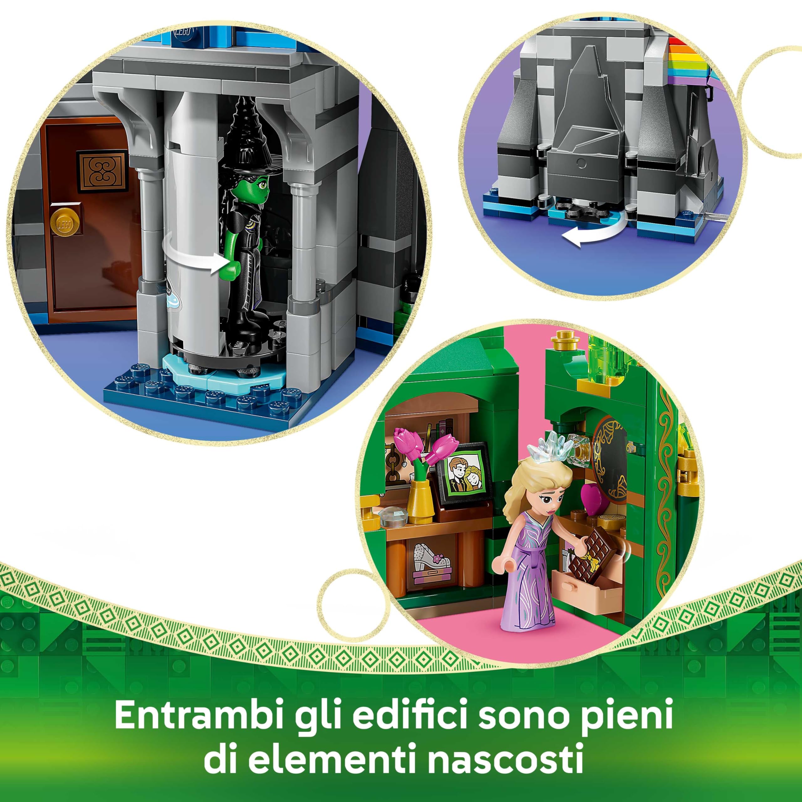 LEGO Wicked Città di Smeraldo e Castello Kiamo Ko - Giocattolo da Esposizione con Mini Bamboline di Elphaba e Glinda, Scimmia e Accessori - Regalo per Bambine da 9 Anni in su Fan del Film - 75689