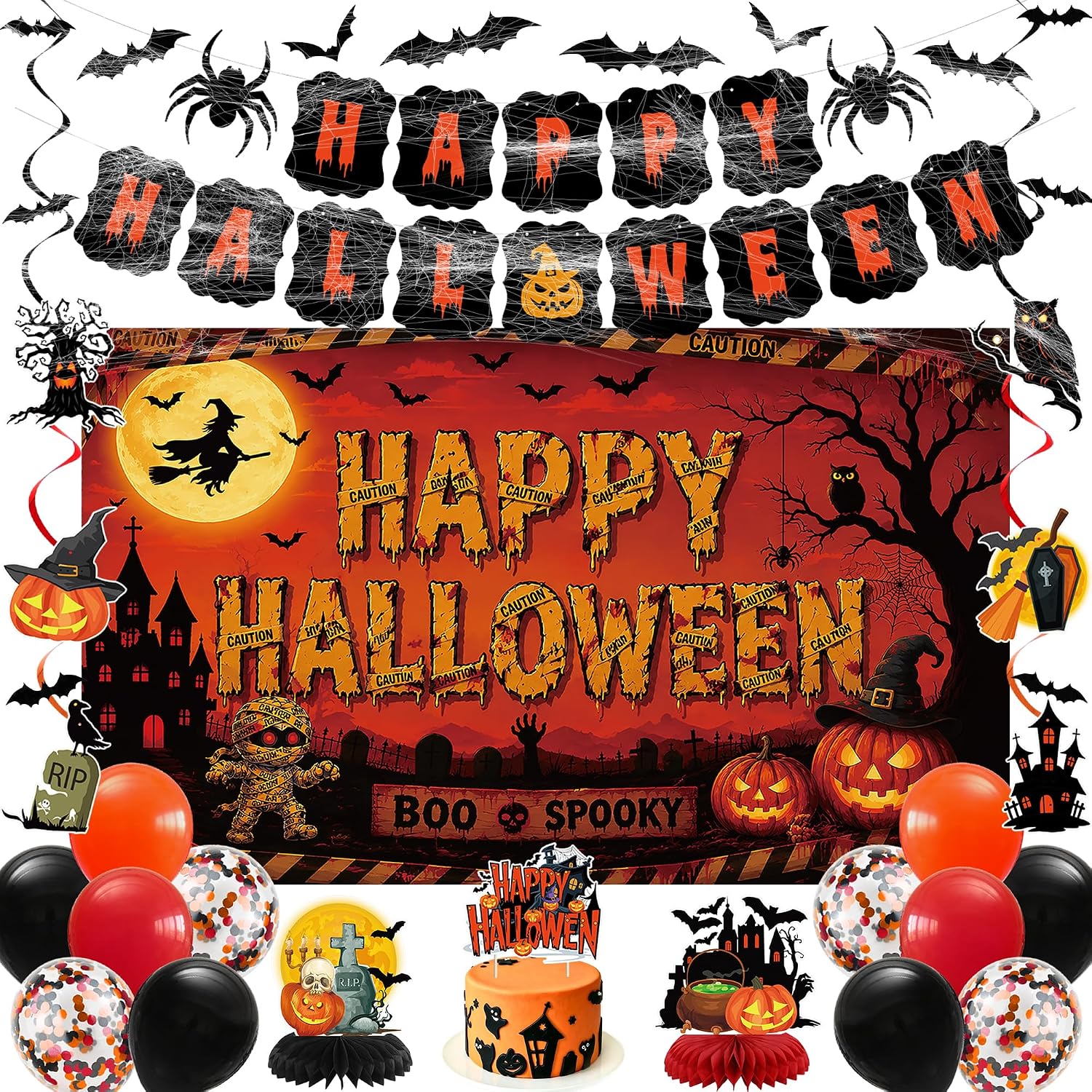 Roetyce Halloween Party Decorations, Orange Spooky Happy Halloween Banner