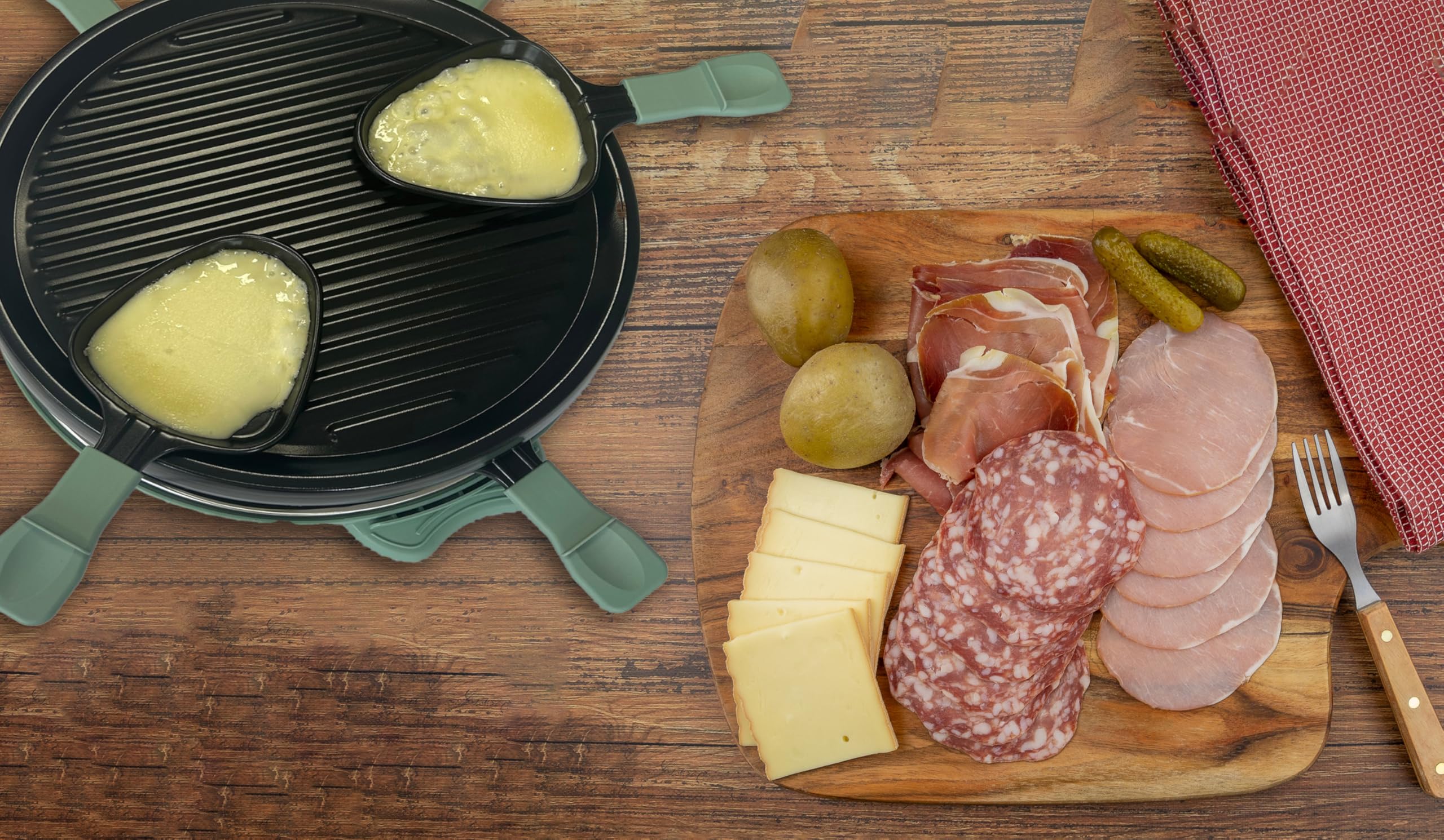 LITTLE BALANCE 8948 Cheese & Fun, Raclette Grill, 2 en 1, Jusqu'à 6 personnes, Sans PFAS, 800 W, Sapin
