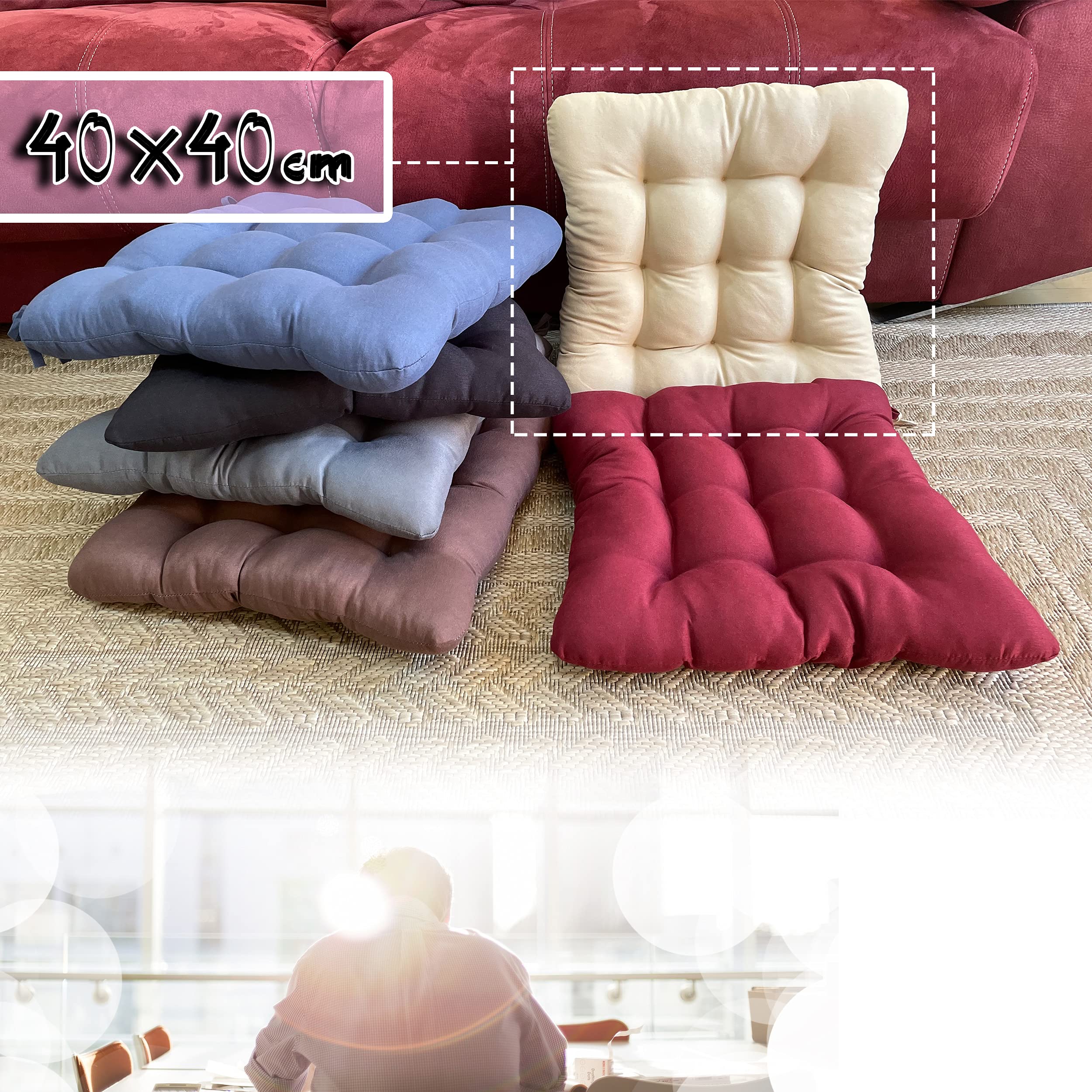 Pack de 6 Cojines para Sillas de Exterior e Interior Reversibles 40 x 40 x 7 cm, con Correas de Sujeción (40 x 40 cm, Granate, 6)