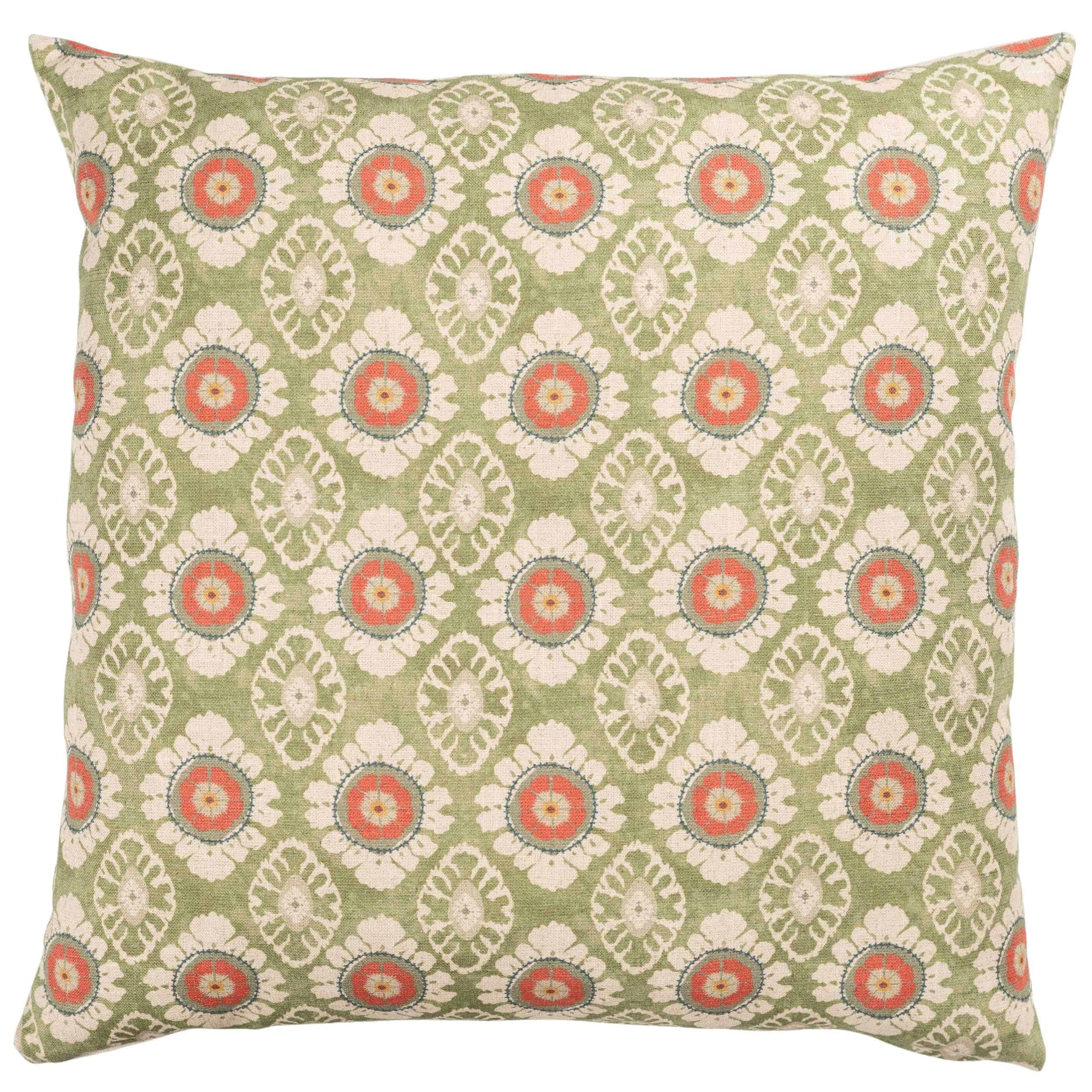 Linen Loft Green Mandala Motif Linen Print Extra-Large Cushion Cover In Linen-Blend Indian Block-Print Design In Sage Burnt Orange And Ivory. 23X23" Xl Cover Only