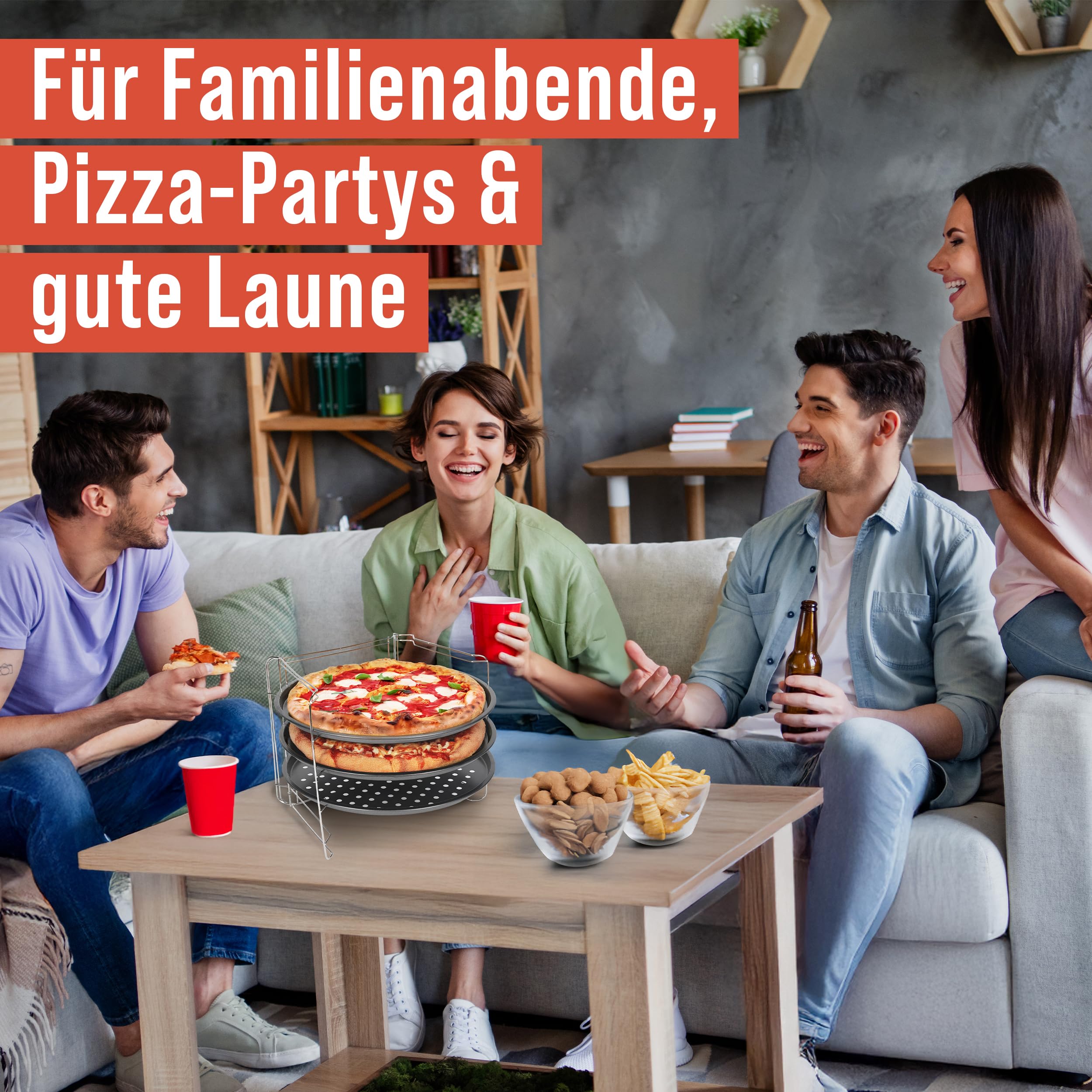 Chef Pomodoro Pizzablech rund 33cm, Pizzaständer für Backofen – klappbares Pizzagestell, 3x gelochte Pizzapfanne, Pizza Stahl, stabiles Pizza Backset für Ofen
