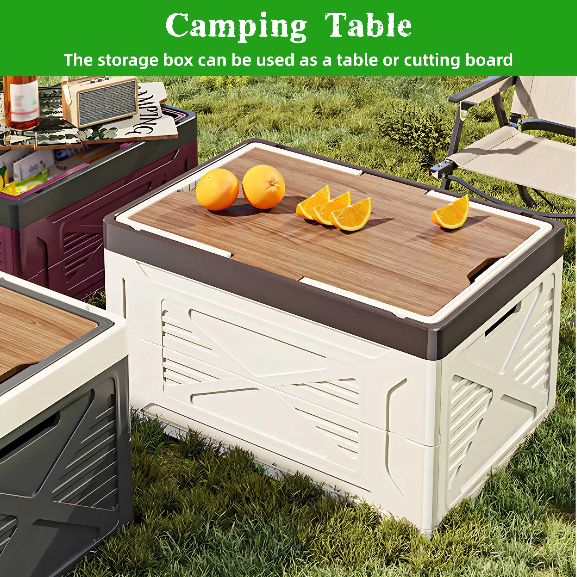 Faltbare Camping Outdoor Aufbewahrungsbox mit Decke und Griff | Stapelbar Kunststoff Auto Kofferraum Organizer Aufbewahrung, Holzdeckel, für Reisen, Familien, Garten Party, Picknick