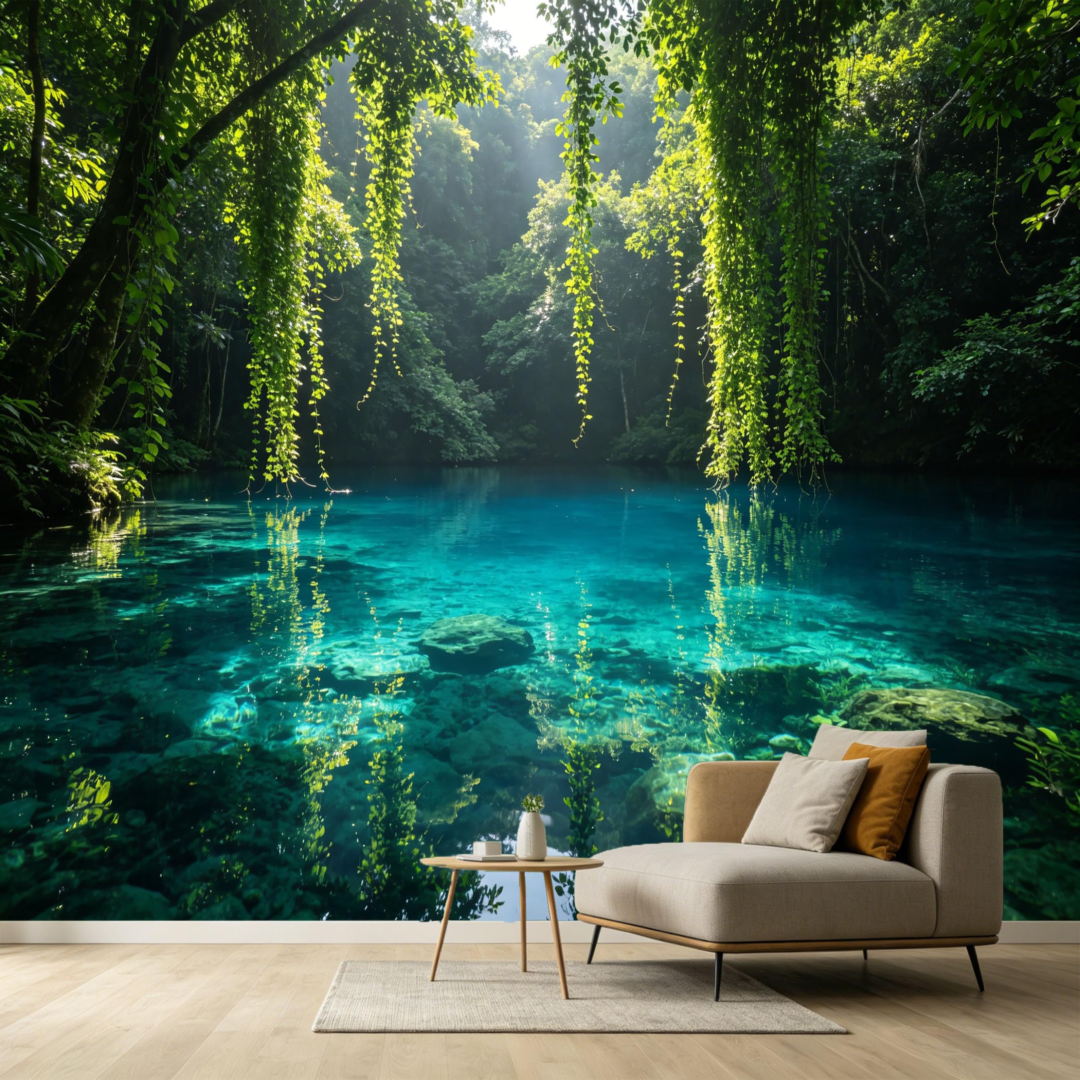 Custom Size Wall Murals Tropical Rainforest Lake Botanical Landscape Hanging Vines Clear Water Reflection SelfAdhesive Wall Fabric Removable Large Wallpaper for Photo Living Room
