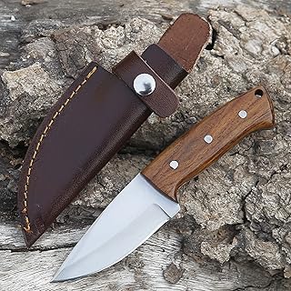 Carbon Steel Hunting - 8" Full TangBlade Wood Handle Skinner Knife With Oxford Leather Sheath - Tactical Survival Military Knife - WARIVO KNIFE