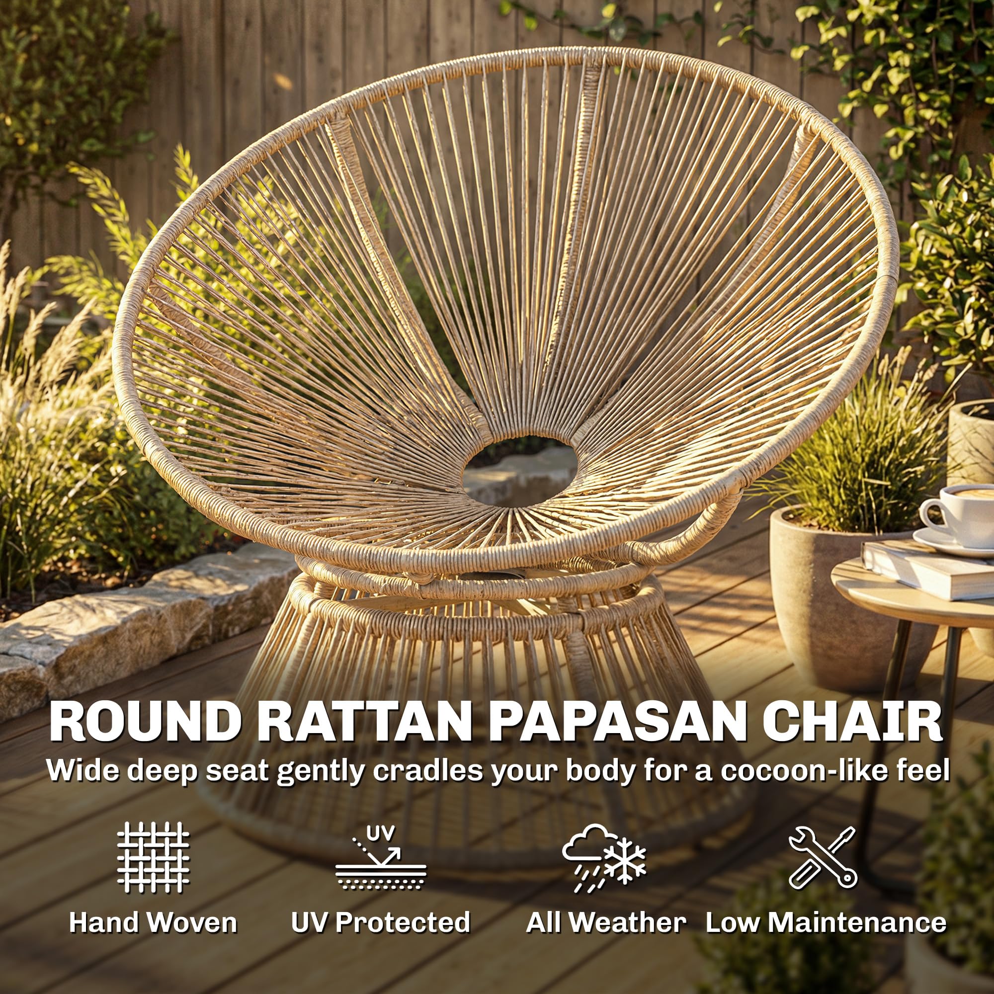 Outsunny Papasansessel 360° drehbar Korbsessel mit Kissen Stahlrahmen runder Rattansessel Loungesessel aus Polyrattan Drehsessel für Wohnzimmer Leseecke Lounge Cremeweiß