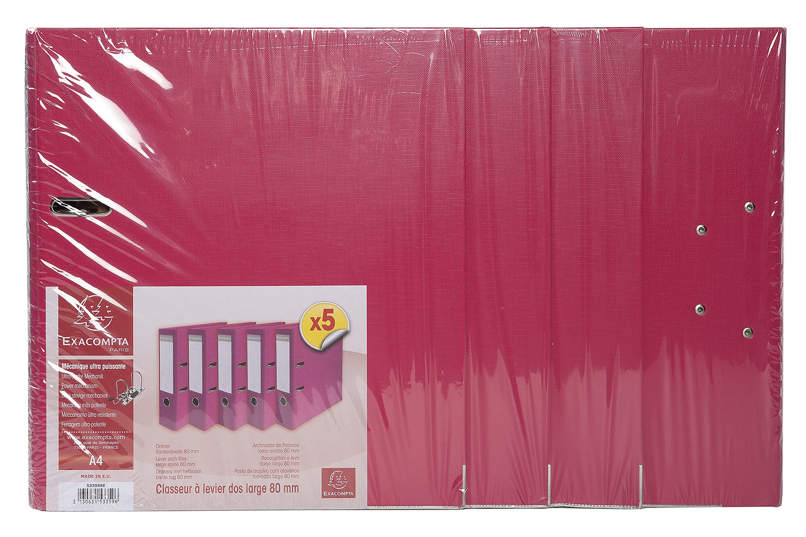 Exacompta - Rif. 53359SE - Raccoglitore meccanico Prem'Touch a leva - Adatto per documenti A4, dorso 80 mm, cartone rivestito in polipropilene - lampone (confezione da 5)