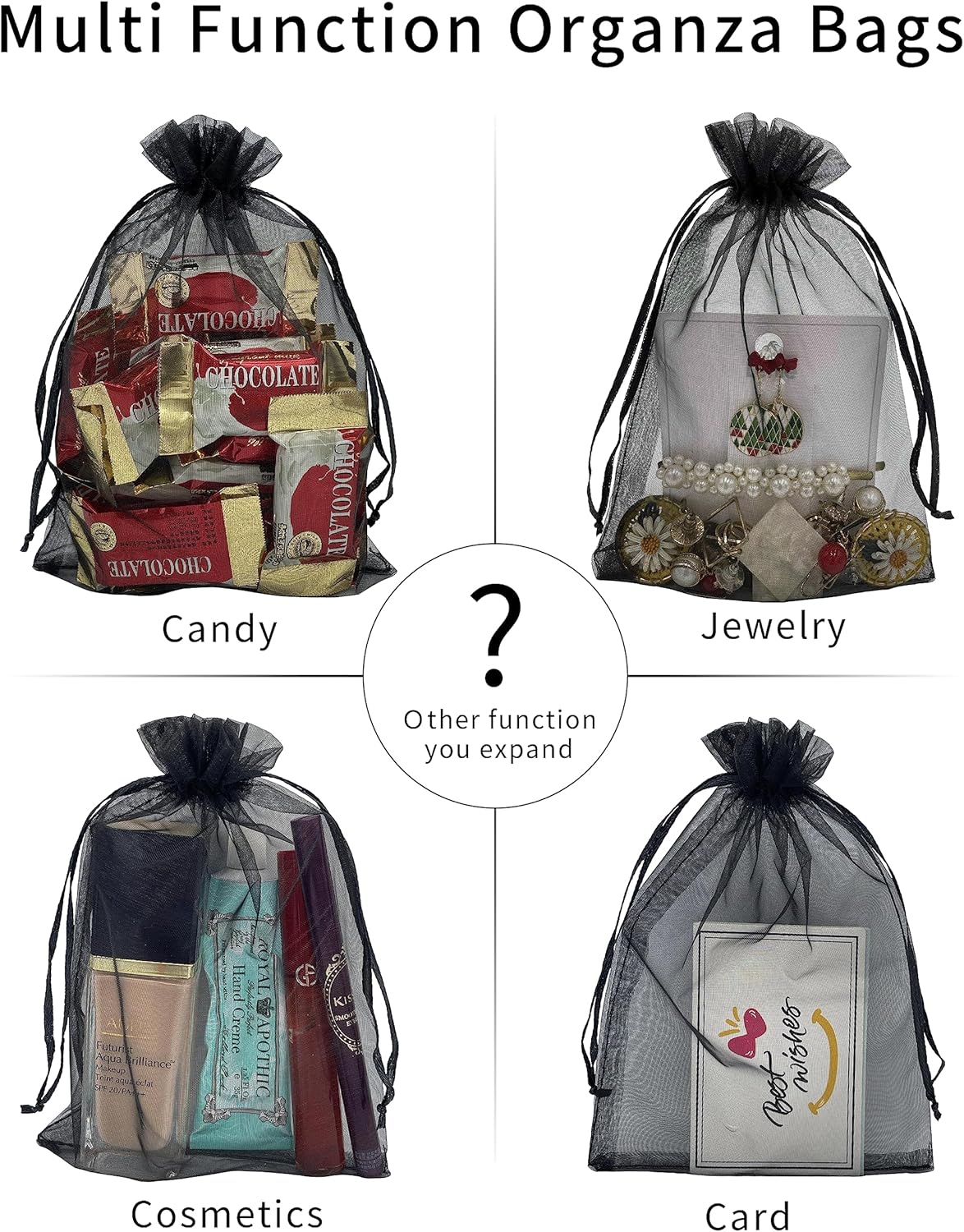 Jexila 100PCS Sheer Organza Bag 5''X7'' Black Mesh Bags Drawstring Gift Bag Small for Jewelry Goodie Candy Wedding Party Favor Pouch Bags (Black) - Image 4