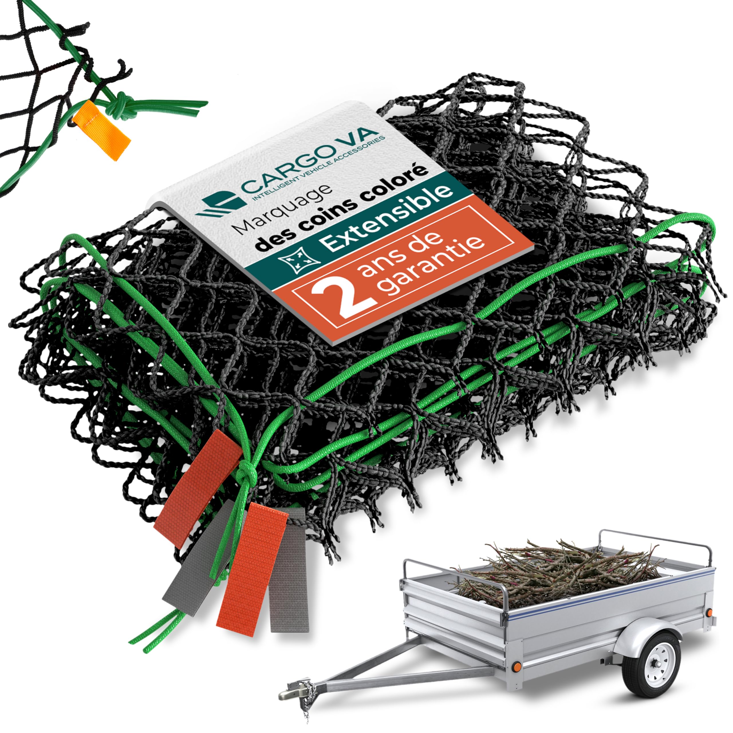 CargoVA - Filet Extensible pour remorque 1x2 jusqu'à 2x3M - Filet élastique Noir avec Corde élastique, 8 Crochets et marquage des Coins - pour Une Fixation Parfaite de la Charge