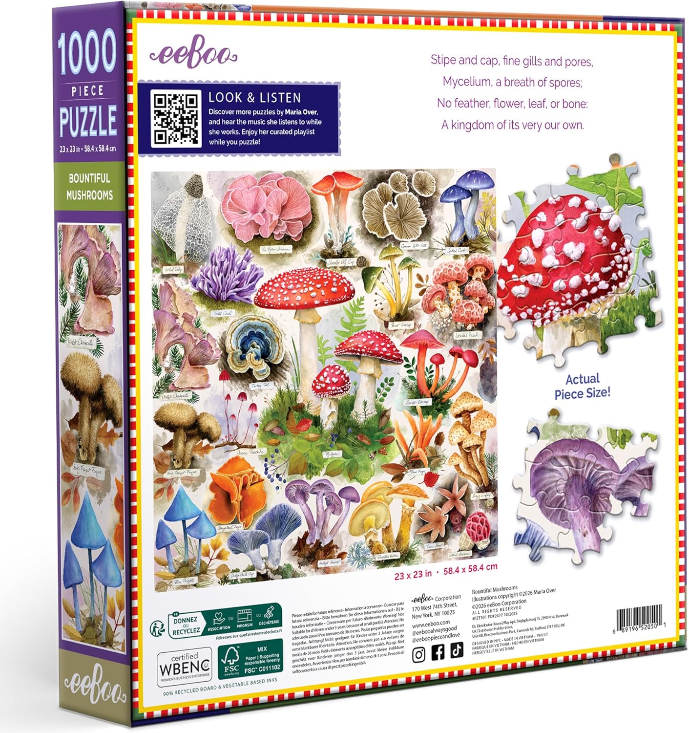 eeBoo 1000 Piece Puzzle - Bountiful Mushrooms Jigsaw Puzzle for Adults, Square 23" x 23" Made with Recycled Board & Vegetable-Based Ink