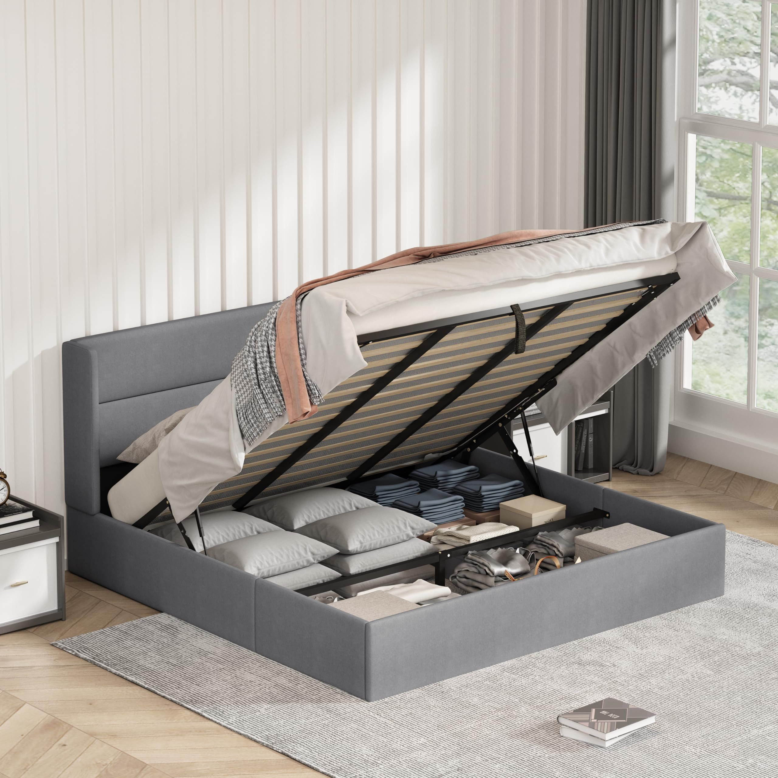 QNZK King Size Bed Frame with Storage, Upholstered Platform Bed with Hydraulic, Lift Up Storage Bed with Linen Wingback Headboard, Wooden Slat Support