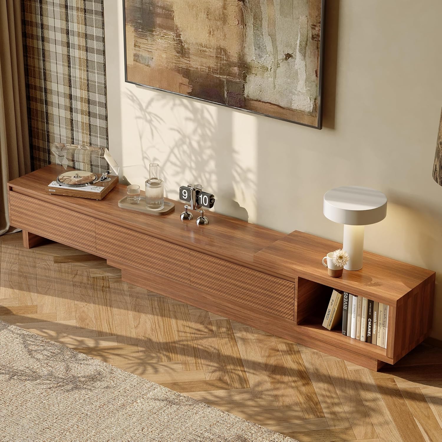 Extendable Mid Century Modern Walnut TV Stand for 80+ Inch TVs, 78.7"-103.1" Adjustable Media Console with Crosshatch Textured Drawers, Large Storage Entertainment Center for Living Room