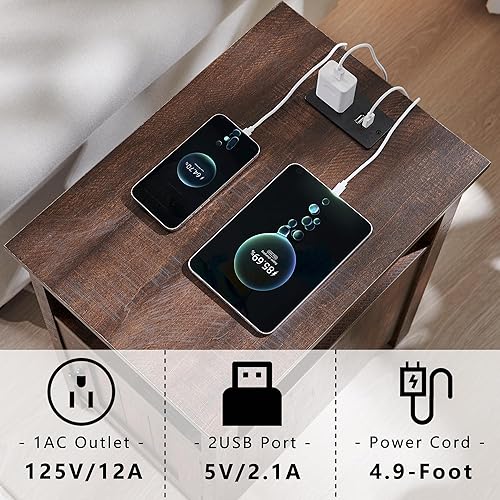 Miniatura 3 de Juego de 2 mesitas de noche de granja, mesa auxiliar con estación de carga, mesa auxiliar rústica con puerta de granero y estantes abiertos, mesita