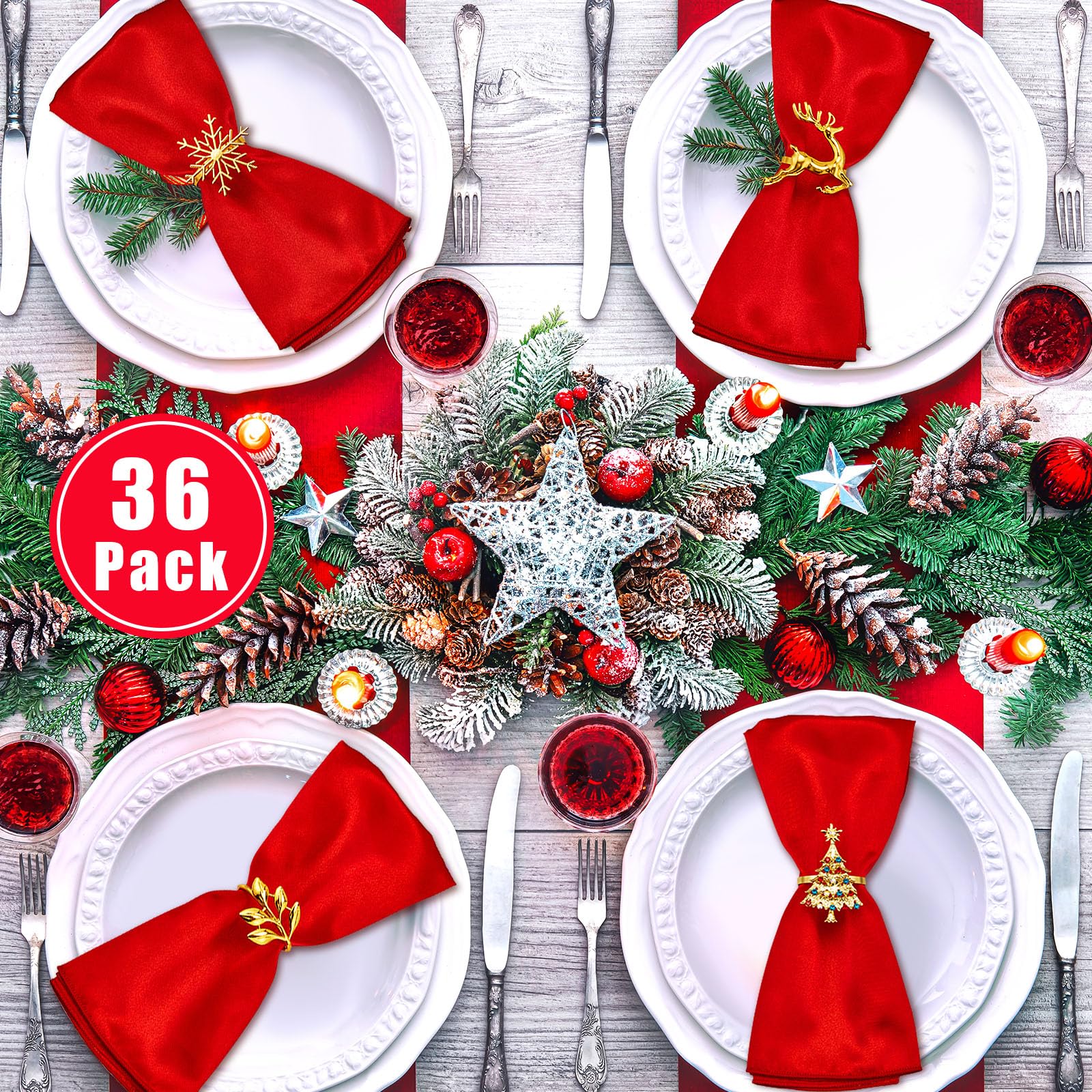 Maxcheck El juego de 72 servilleteros de Navidad incluye servilletas de Navidad lavables rojas y soporte dorado para servilleteros para vacaciones, Navidad, boda, fiesta, cena, decoración de mesa