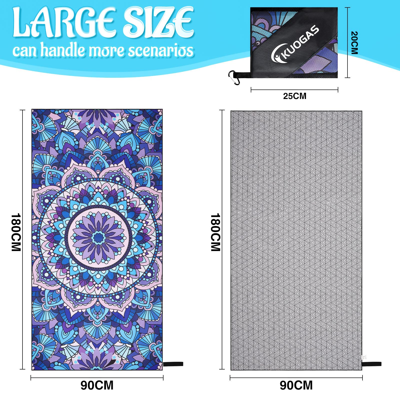 KUOGAS Telo Mare xxl set da 2-90 X 180 cm, Telo Mare Grande in Microfibra ad Asciugatura Rapida, Telo da Bagno Senza Sabbia, Coperta da Spiaggia da Donna (Tartaruga + mandala)