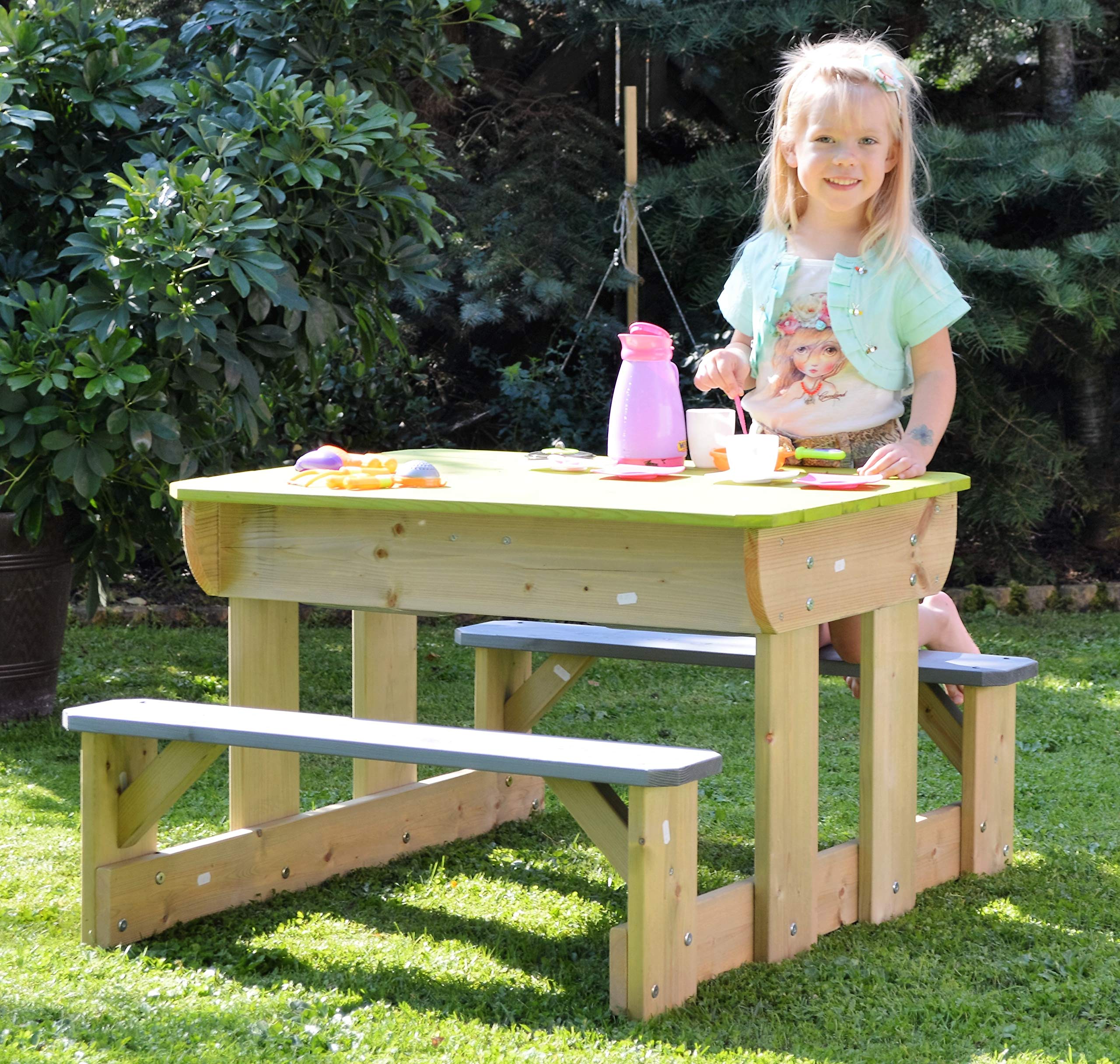 Mesa de Picnic con Arena y Agua para Niños con Bancos de Madera y 2 Bandejas Plásticas