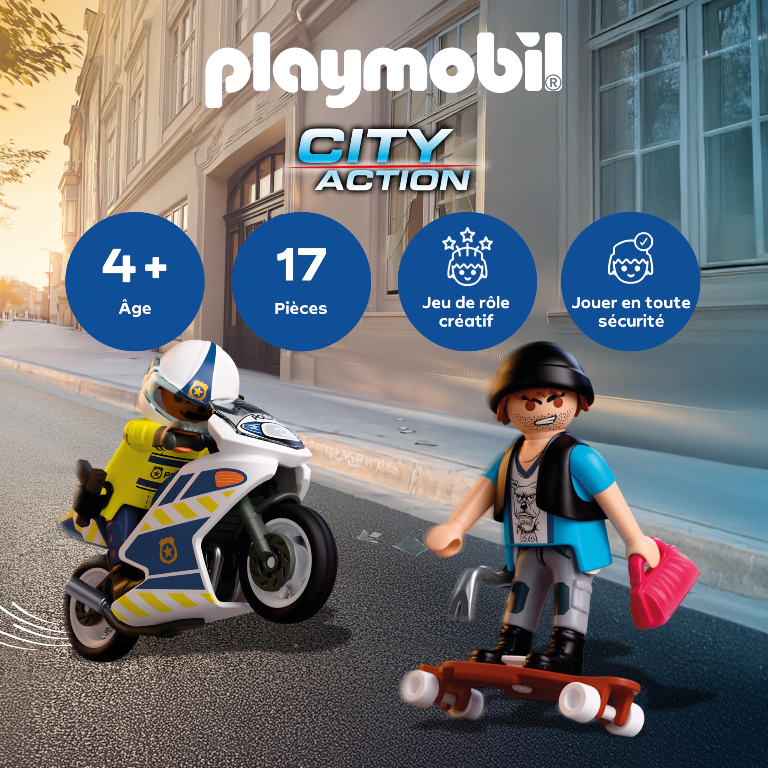 Playmobil City Action 72079 Police Chase Motorcycle Police Chase Longboard Thief Stimulates Creativity Toy for Children from 4 Years - 2
