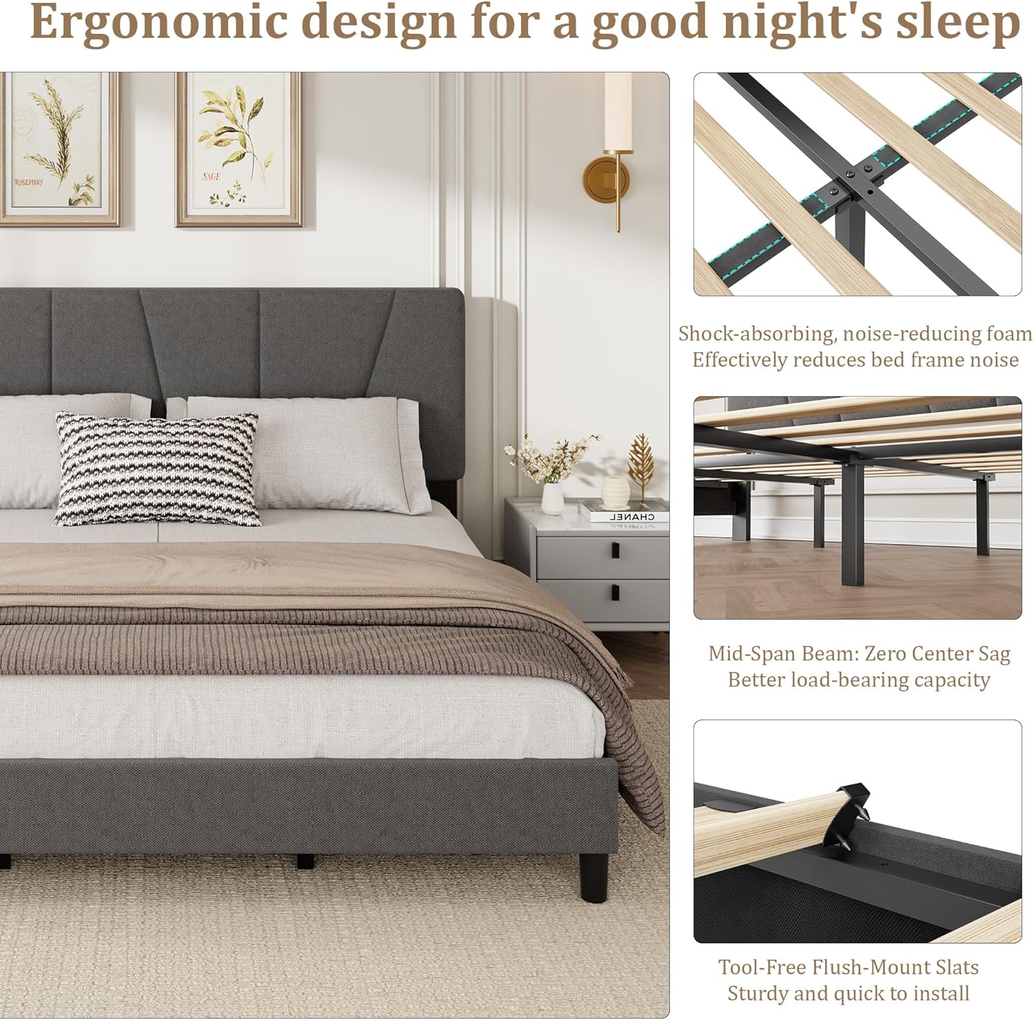 King Size Bed Frame with Headboard Adjustable, Modern Linen Upholstered King Platform Bed Frame with Wooden Slat Support, No Box Spring Needed, Grey