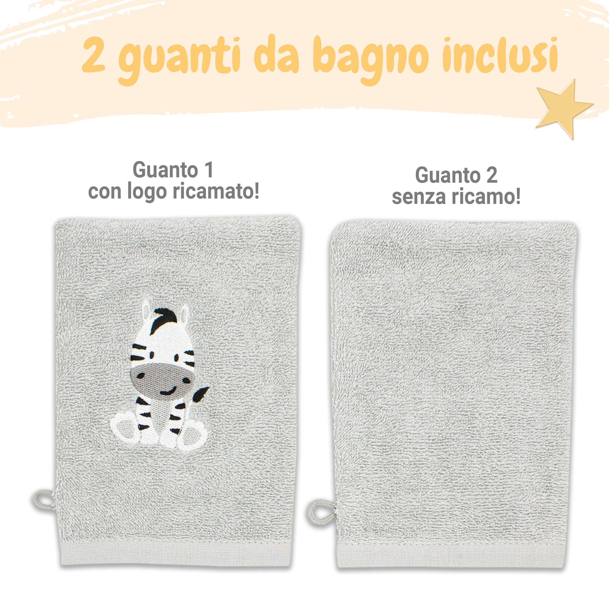 Babykajo Set Accappatoio per Neonati con 2 Guanti da Bagno in Oeko-Tex Standard 100 Certificato, Asciugamano con Cappuccio in Morbida Spugna, Primo Asciugamano con Cappuccio per Bambini 80x80 cm