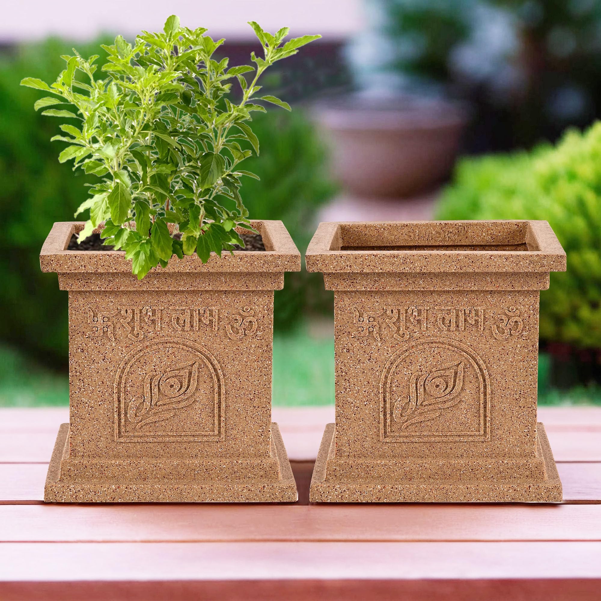 Heart Home Pack of 2 Plastic Tulsi Mancha For Home | 12 Inch Modern Tulsi Gamla/Planter Pot for Home Decor, Balcony & Garden | Marble Design-Beige