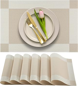 More Decor Dining Table Placemats, Washable Heat-Resistant PVC Vinyl Table Mats for Dining Room and Kitchen, Anti-Slip - Set of 6 - Ivory