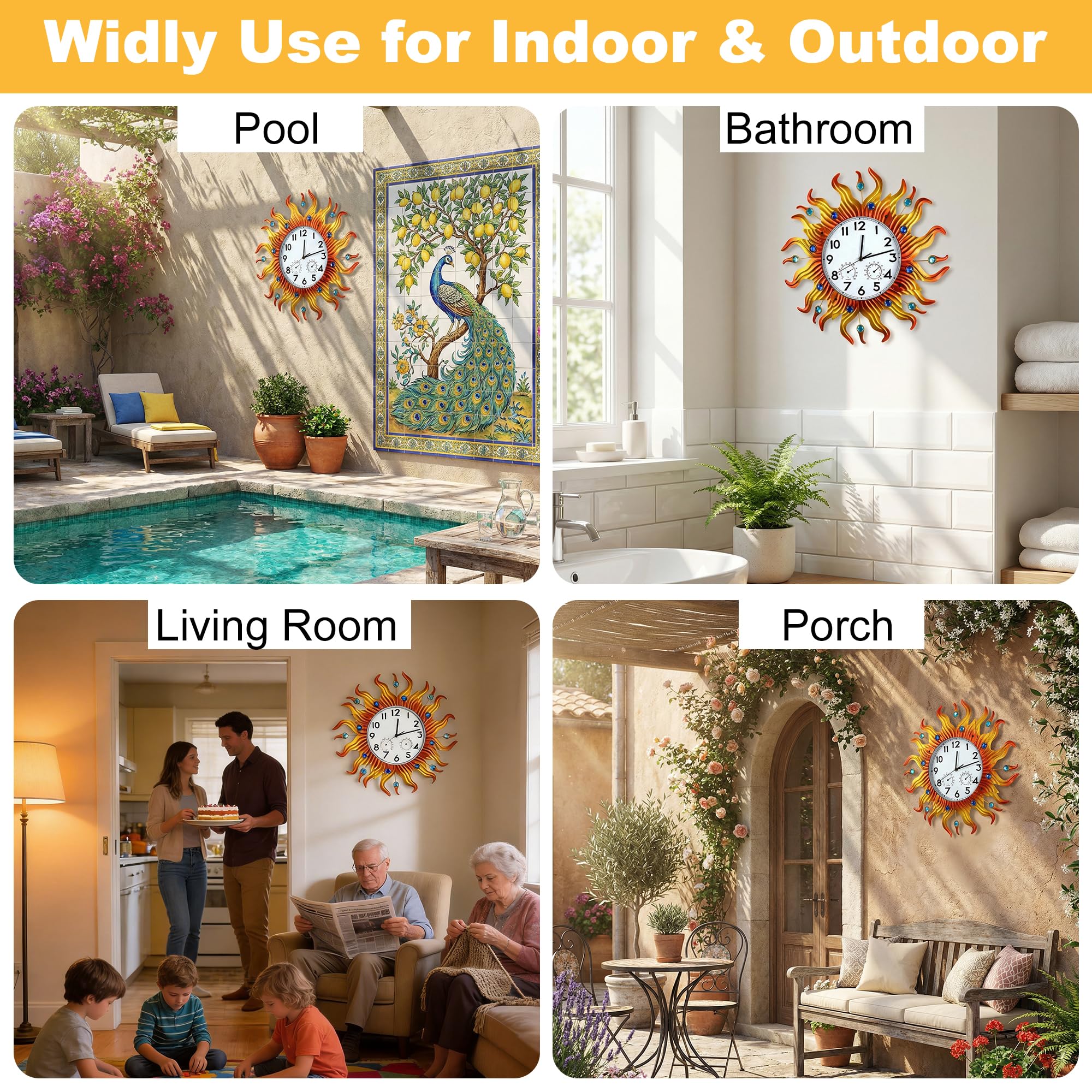 shumi Grande horloge murale d'extérieur avec thermomètre et hygromètre, horloge murale décorative silencieuse sans tic-tac pour terrasse, piscine et salle de bain