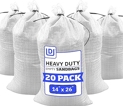 DURASACK Heavy Duty Sand Bags with Tie Strings Empty Woven Polypropylene Sand-Bags for Flood Control with 1600 Hours of UV Protection, 50 lbs Capacity, 14x26 inches, White, Pack of 20 DURASACK Heavy Duty Sand Bags with Tie Strings Empty Woven Polypropylene Sand-Bags for Flood Control with 1600 Hours of UV Protection, 50 lbs Capacity, 14x26 inches, White, Pack of 20