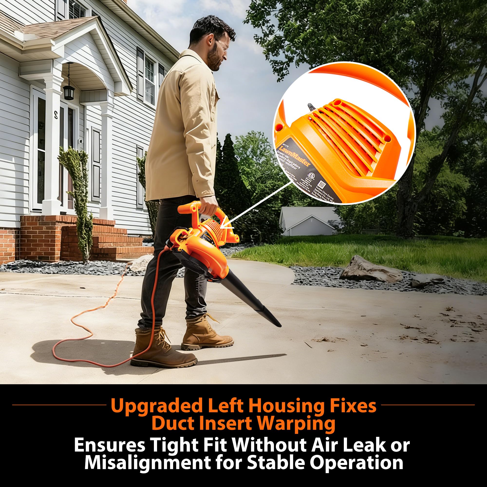 LawnMaster BV1210 Electric Blower Vacuum Mulcher 12 Amp 2-Speed Adjustment with Metal Impeller 240 MPH 380 CFM 16:1 Mulch Ratio with Collection Bag - Detailed View