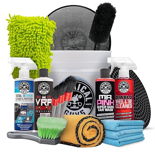 Chemical Guys Car Detailing Kit, Car Cleaning Kit with Total Interior Cleaner & Protectant, Sprayable Wheel Cleaner, Car Wash Soap, Bucket, Brushes, and Detailing Accessories - 17 Piece Wash Kit