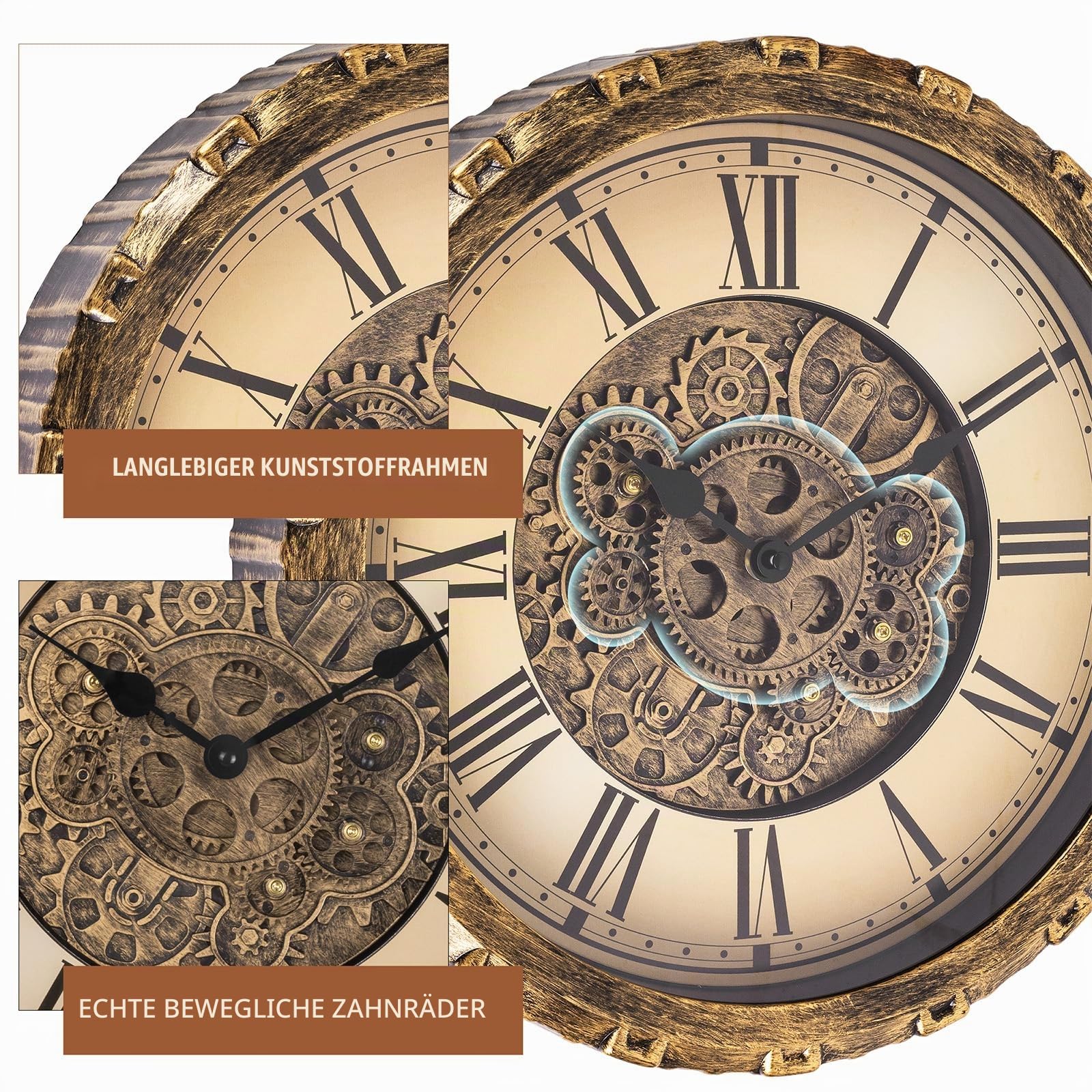 Moving Gears Wanduhr, 15 Zoll Moderne Zahnradschleuder-Wanduhr, Old-Style Rustikale Einzigartige Vintage Industrieuhr für Wohnzimmerdekor, Haus, Farmhouse (Vintage Kupfer)