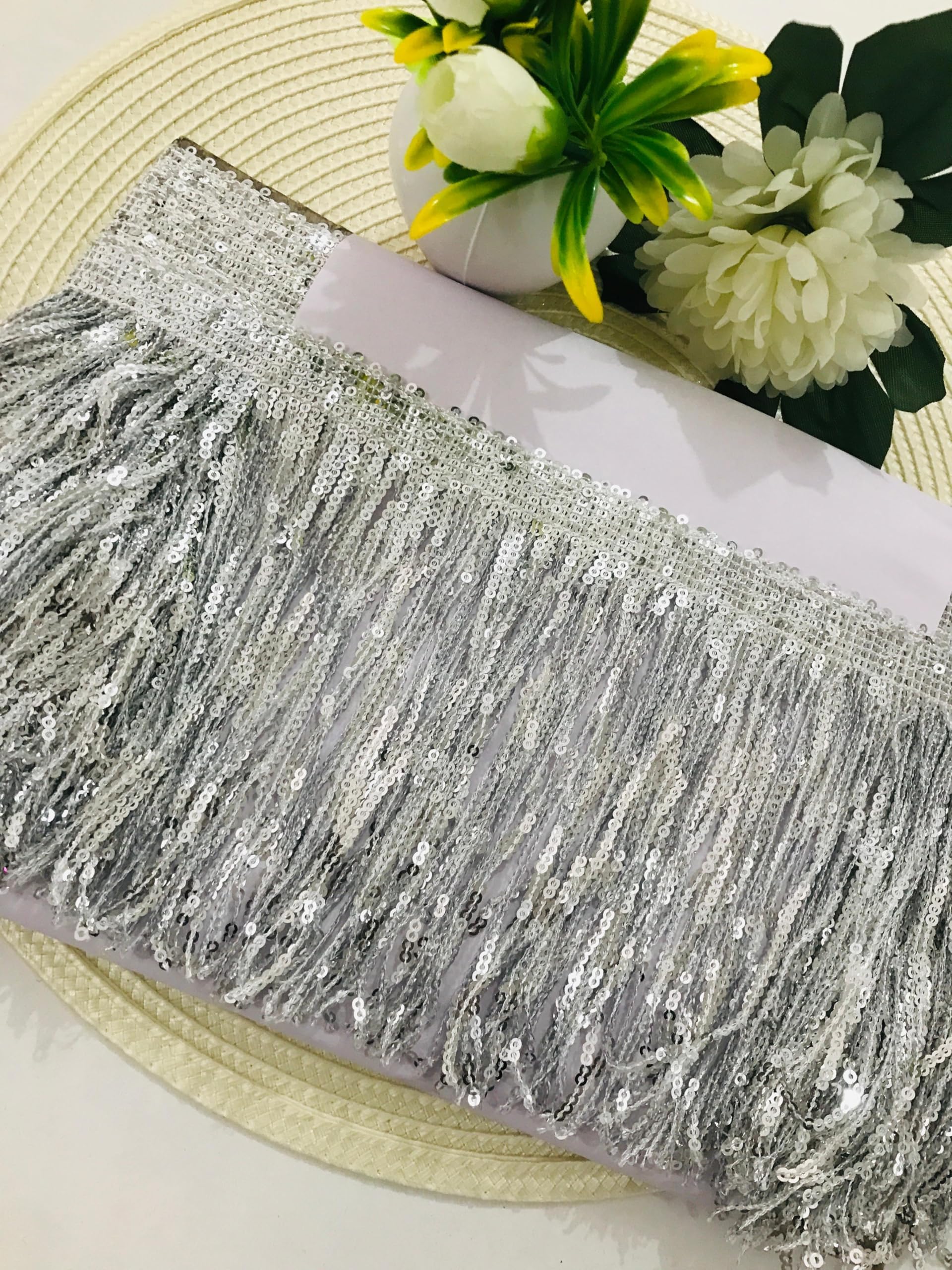 Premdas lace Colorful Sequin Tassel Lace Trim Ribbon Fringe DIY Handmade Dance Performance Clothing Decoration Accessorie(3miter) Length - 6 Inch (Silver)