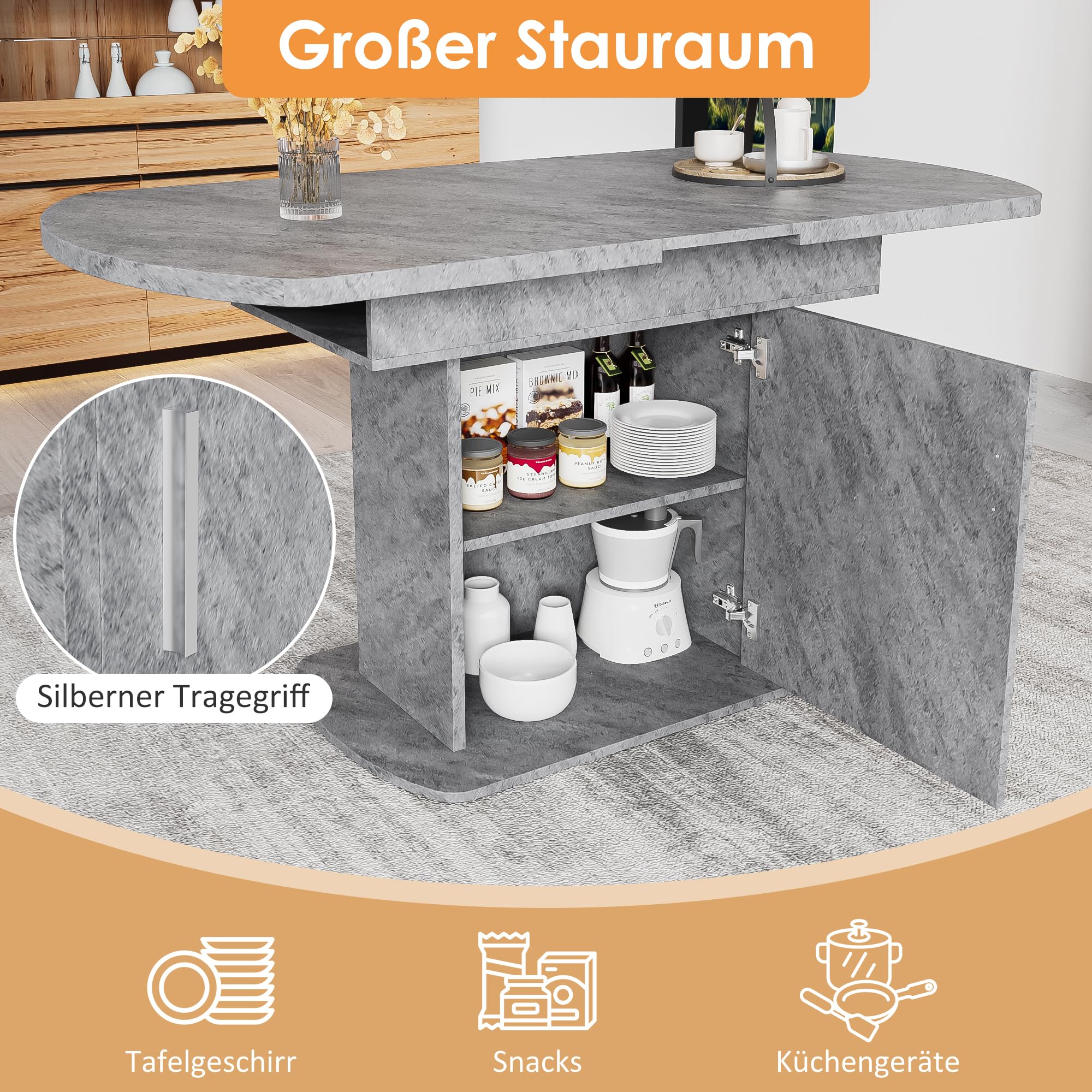 Tavolo da pranzo ovale allungabile 110/130 cm, moderno tavolo da cucina multifunzione con vano portaoggetti, grigio/argento