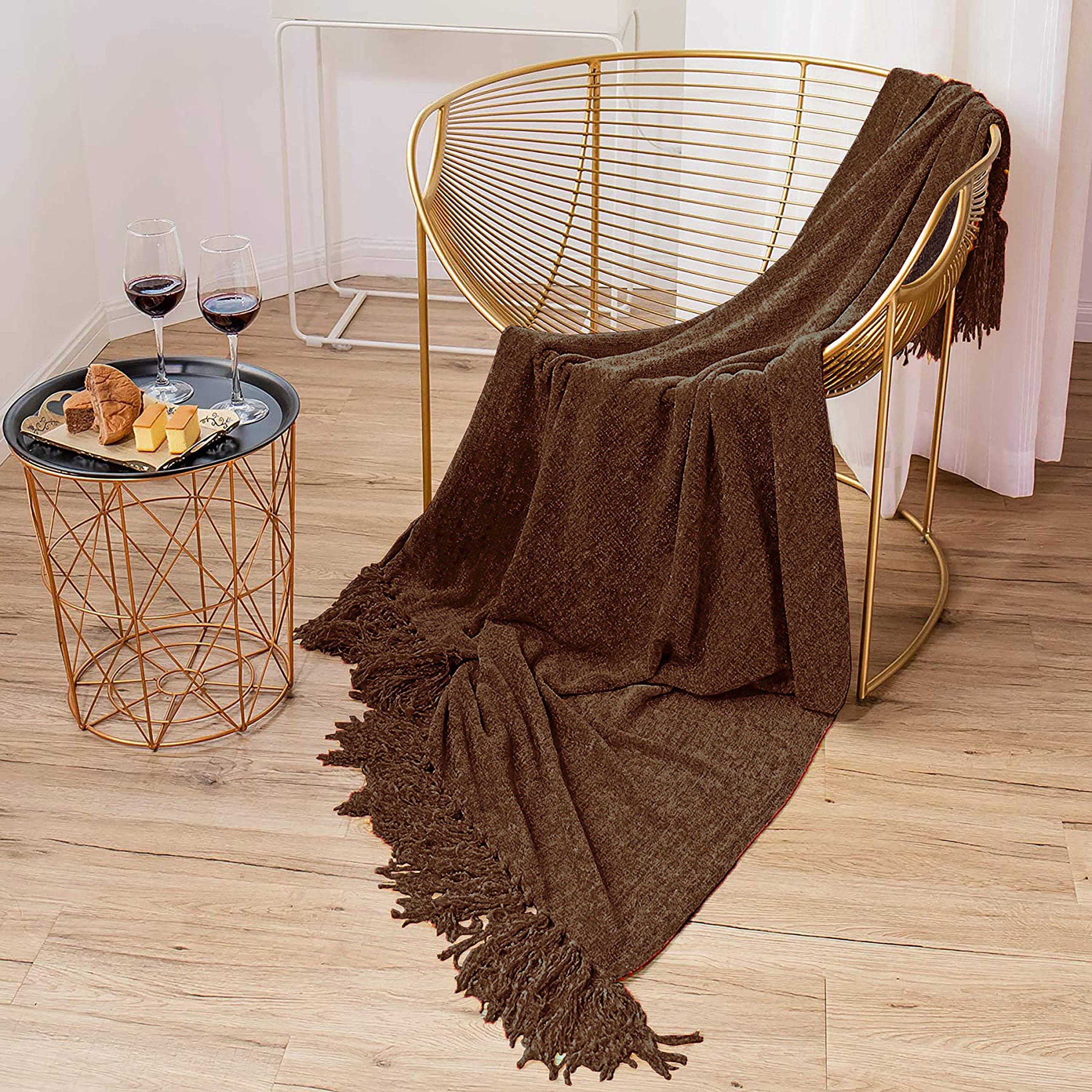 Cazimo Soft Chenille Throw Blanket for Sofa/Couch and Bed - 60 * 50 inches | Summer Friendly, Cozy and Stylish | Green, Pack of 1, Brown