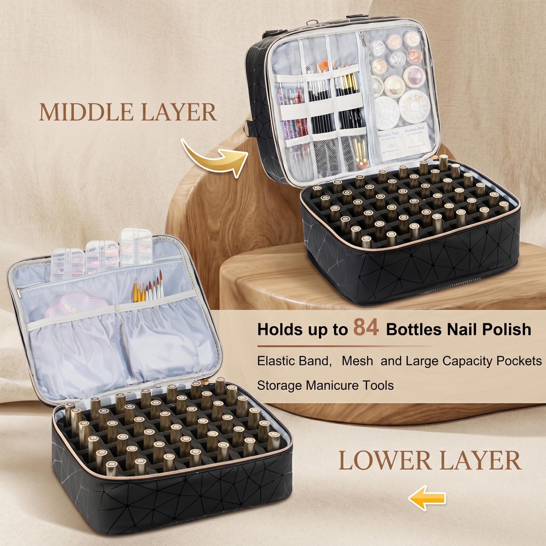 Bolsa para Kit de uñas, 3 y 84 Ranuras, Organizador Negro.