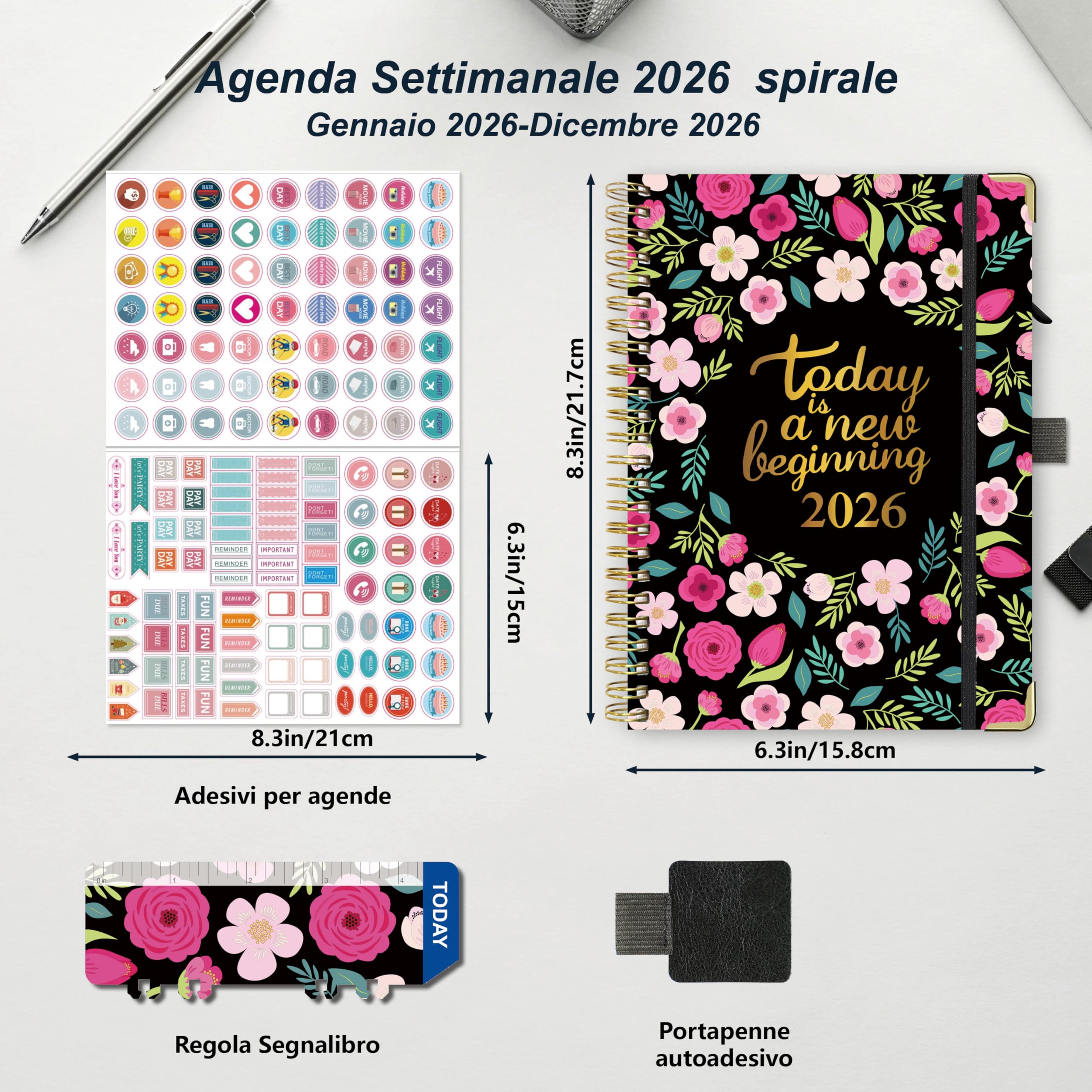 NEYSA Agenda 2026 Settimanale spirale, Diario Scuola A5 Da gennaio a dicembre 2026 (12 mesi) agenda scolastica con passante per penna, righello segnalibro e adesivi - 21,7 X 15,8 cm (Rosso)