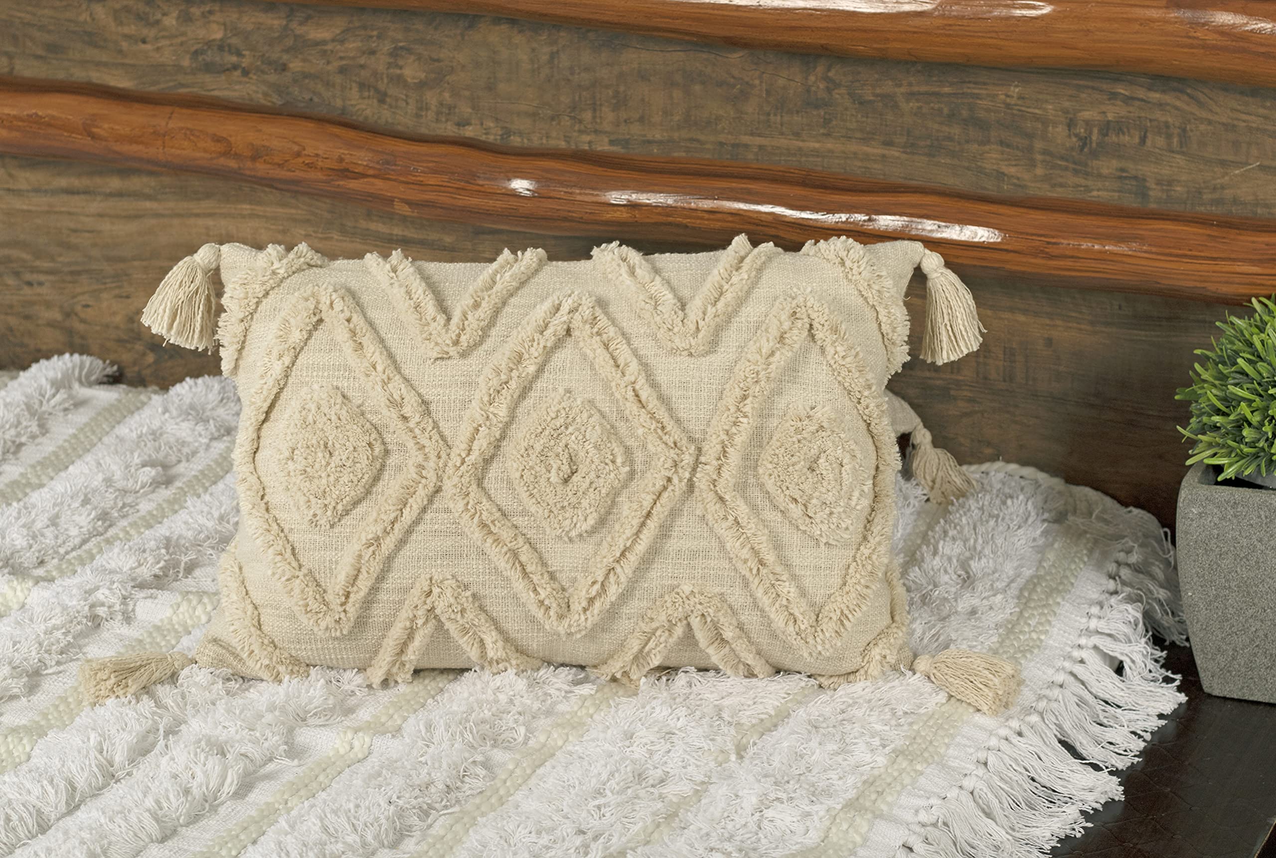 IMPEXART Boho Lumbar Decorative Throw Pillow Covers for Bed Bedroom Neutral Accent Cushion Cover (12"X20", Off White)