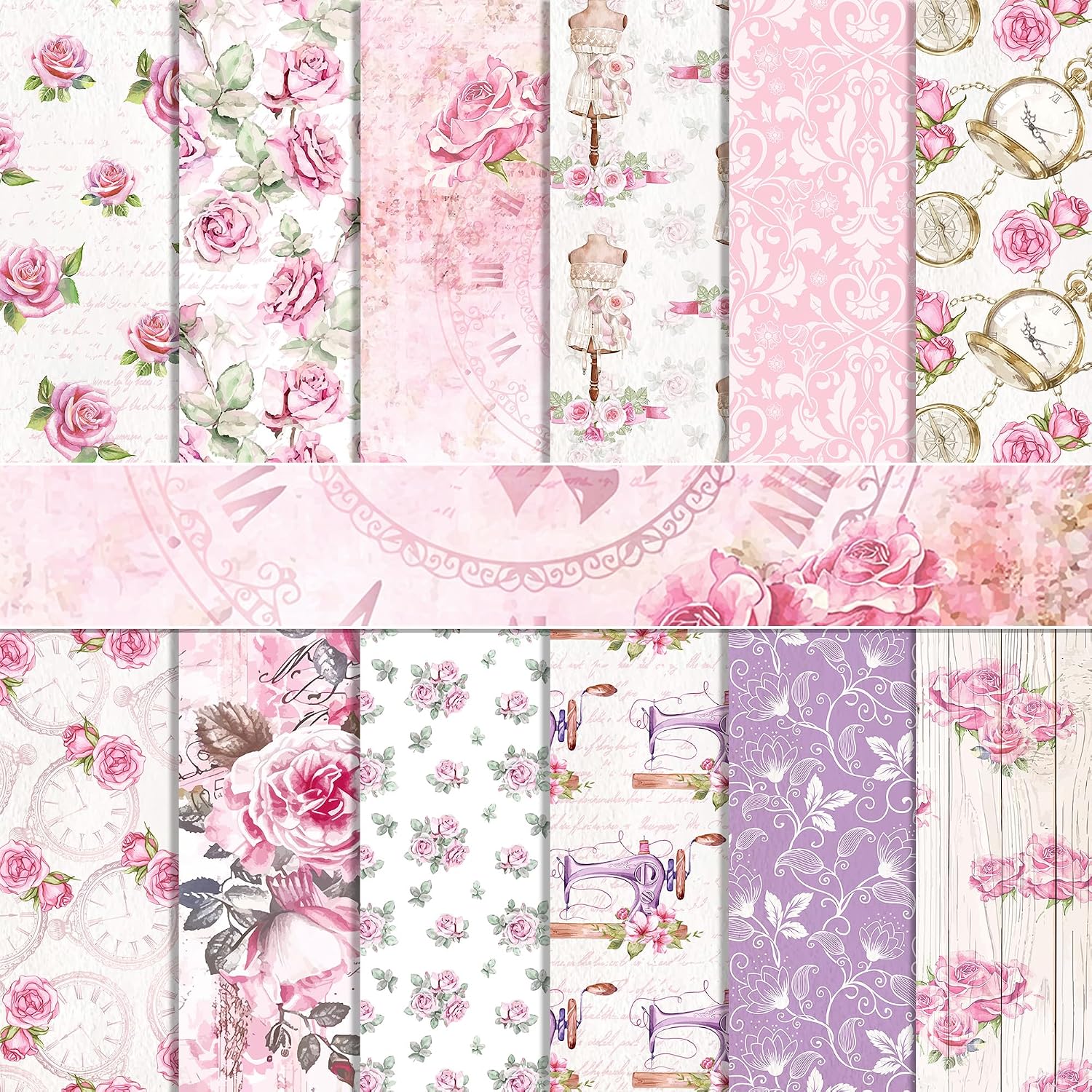 24 Sheets Pink Rose Scrapbook Paper, 12 x 12 Inch Double-Sided Floral Paper