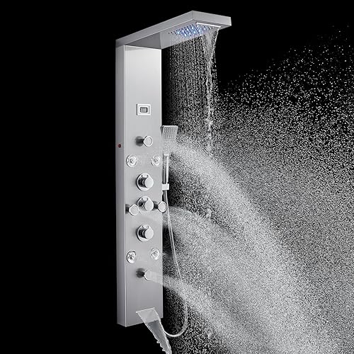 POPFLY Sistema de torre de panel de ducha de cascada LED, 4 chorros corporales y 4 pulverizadores de niebla, ducha de mano de 3 funciones, torre de