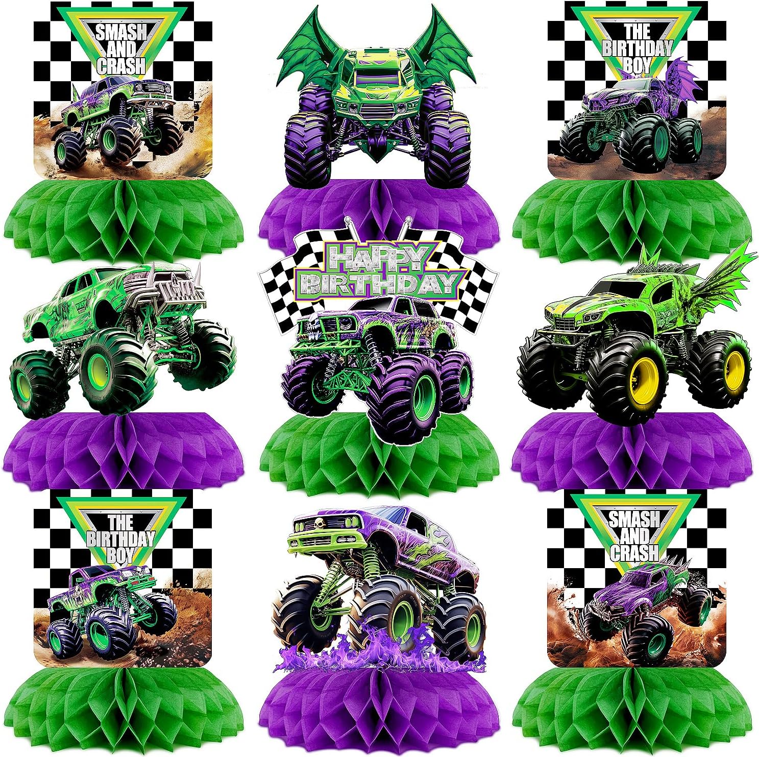 9Pcs Monster Truck Honeycomb Centerpieces Monster Truck Birthday Party Decorations Monster Truck Table Decorations Monster Truck Party Supplies