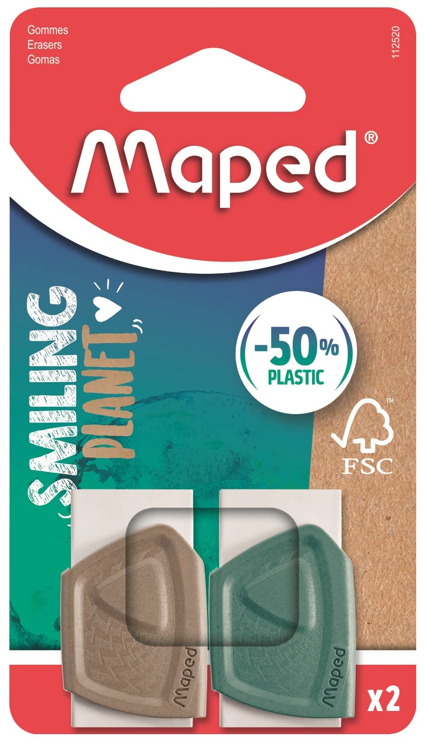 Maped Smiling Planet - The Sustainable Eraser x2 - Made from FSC-Certified Rubber - Protective case Made of Wood Fibre Composite - Ergonomic, Brown/turquoise.
