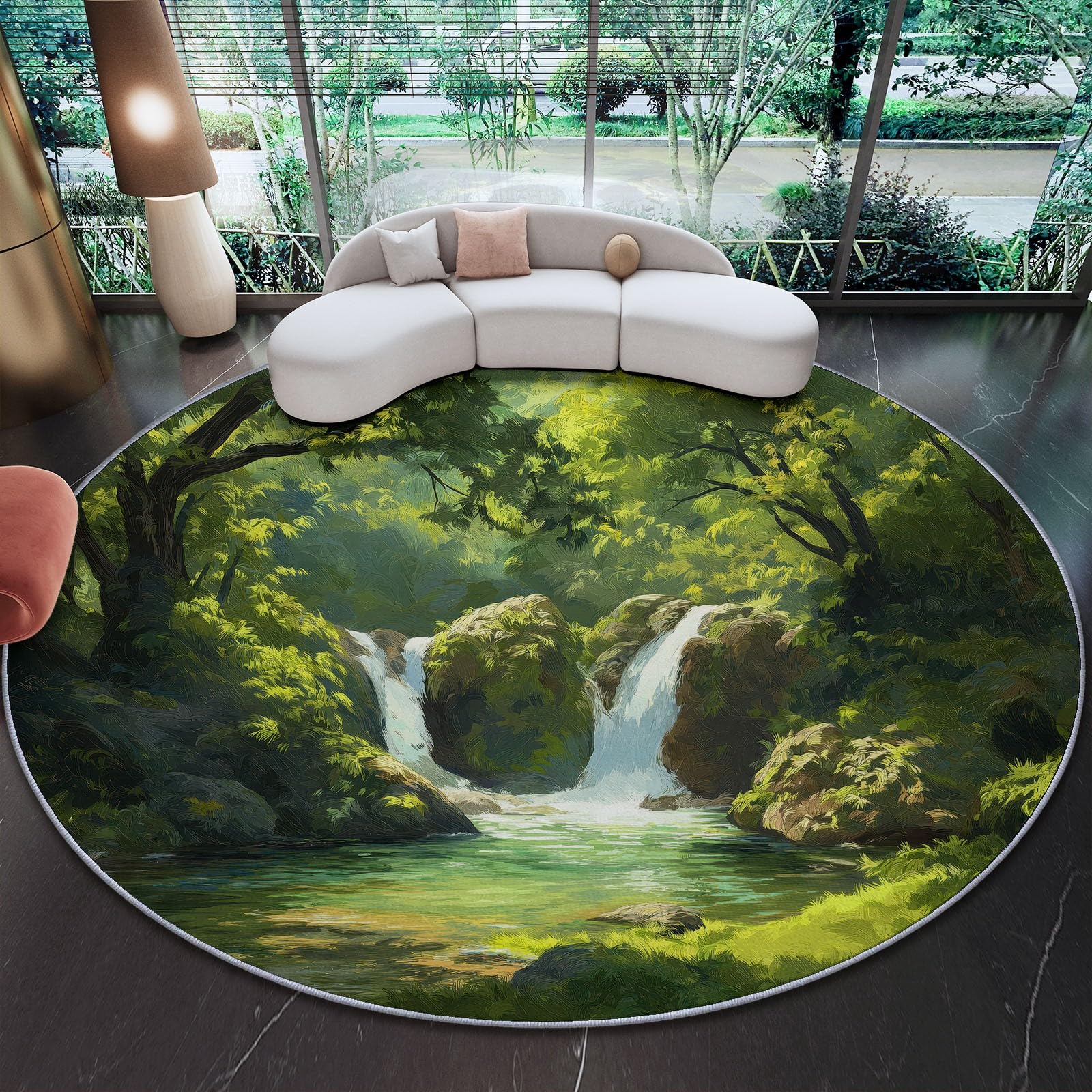 Générique Tapis Rond Forêt Naturelle Cascade 120 cm, Lavable en Machine pour Salon Antidérapant Imprimé pour Salle à Manger, Chambre d’Enfant Nurserie, Vert