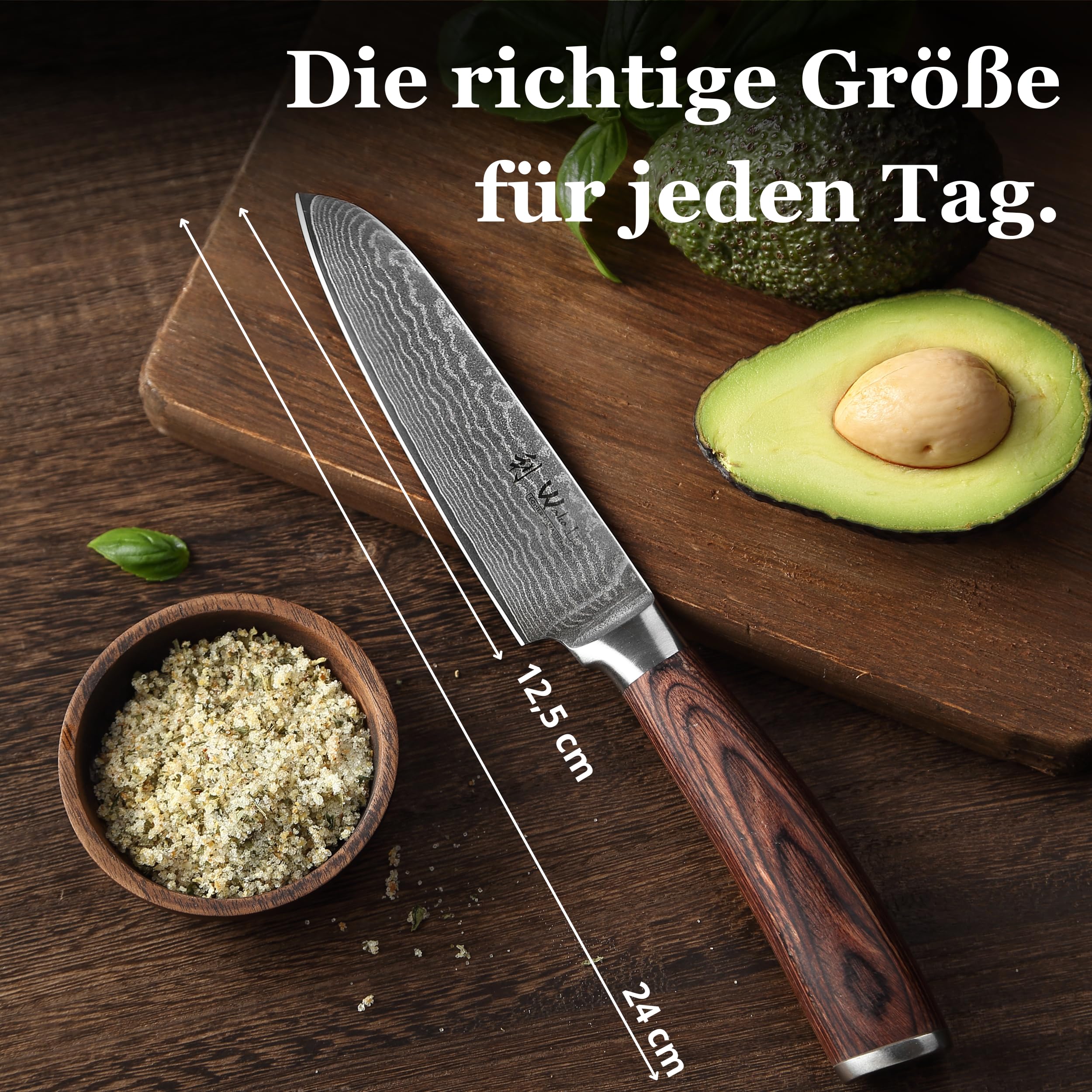 Wakoli EDIB Damastmesser Santoku 12,5 cm Klinge – Kleines Damast Küchenmesser aus 67 Lagen Damaststahl mit VG10-Kern (60 ±2 HRC) – Scharfes Santoku Messer mit Pakkaholzgriff in Geschenkbox