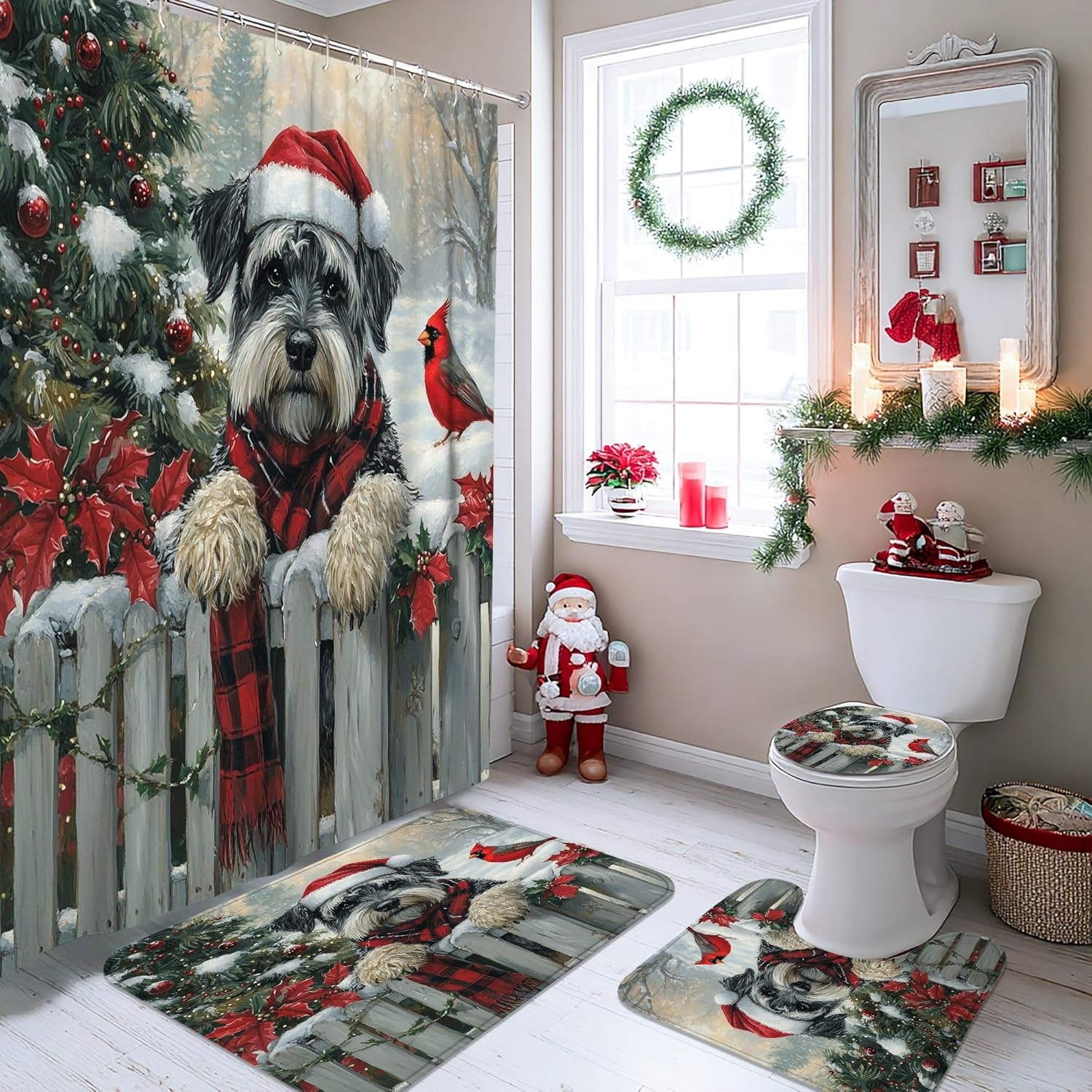 4PCS Christmas Schnauzer Dog Bathroom Sets with Non-Slip Rug, U Shape Toilet Lid Cover Mat, Xmas Farmhouse Cardinal Puppy Bathroom Decoration 72''x72''