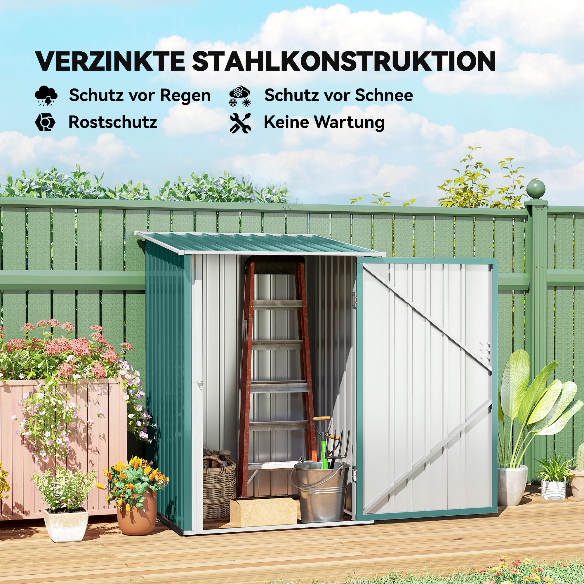 Outsunny Metalowy Schowek Ogrodowy 0,92 m² 100x103x160cm, Schowek na Narzędzia z Dachem Pultowym, Drzwi Zamykane, Zielony