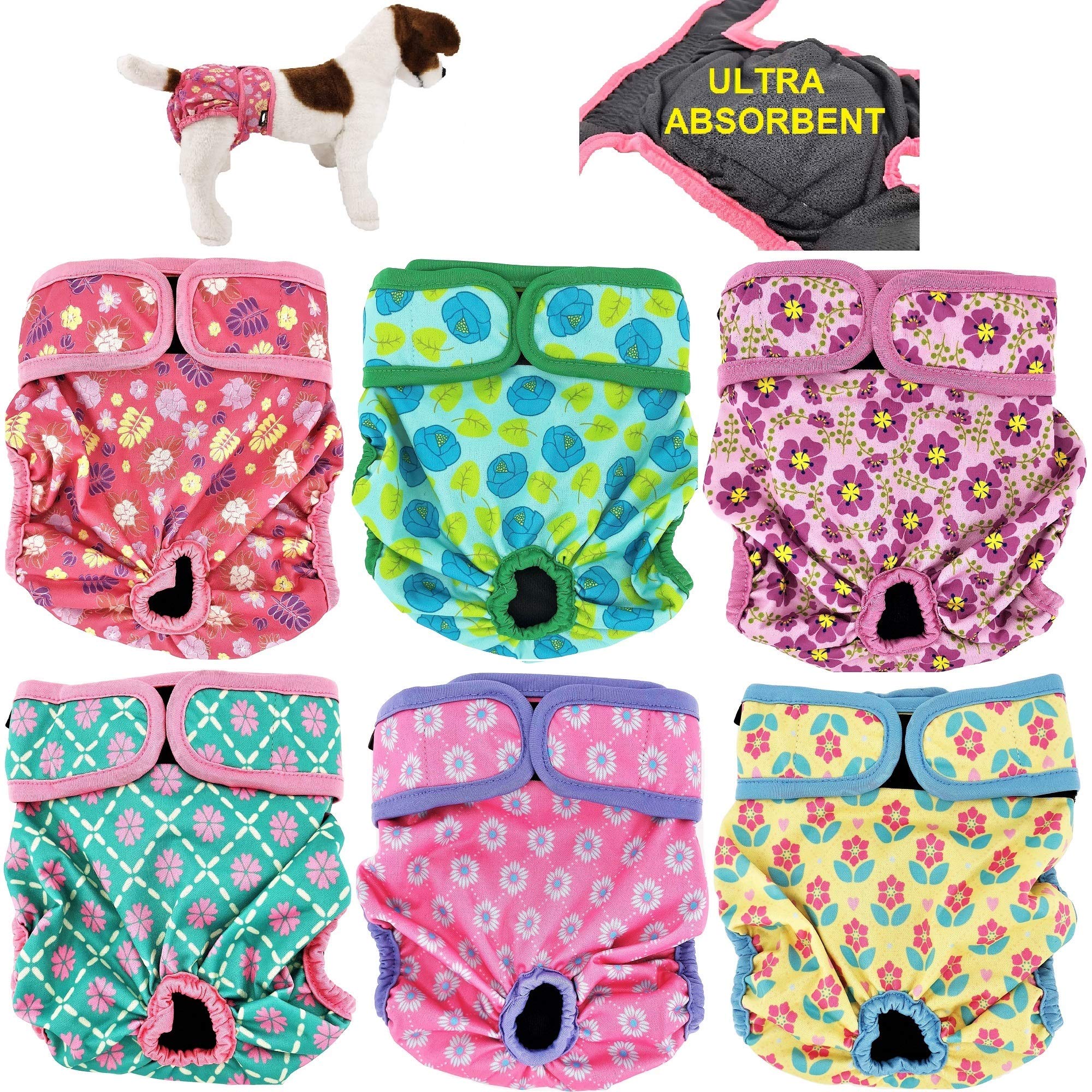 Opakowanie 6 pieluch dla kobiet z 4 warstwami chłonnych wkładek, majtki dla kota, wodoodporne, szczelne, nadające się do prania (L: talia 50-66 cm, opakowanie 6 wzorów)