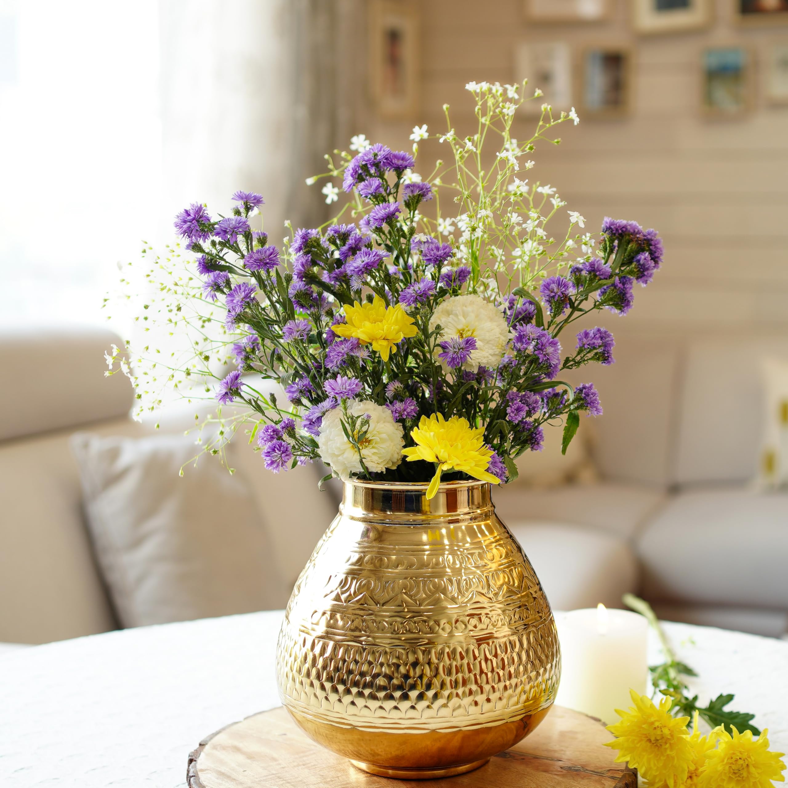 Behoma Matki Shape Metal Flower Vase for Home Decor, Traditional Embossed Metal Flower Pot for Office Table Decorations, Modern vases, Gift for Festival, 8 inches, Golden 1 Pc (Flowers not Included)