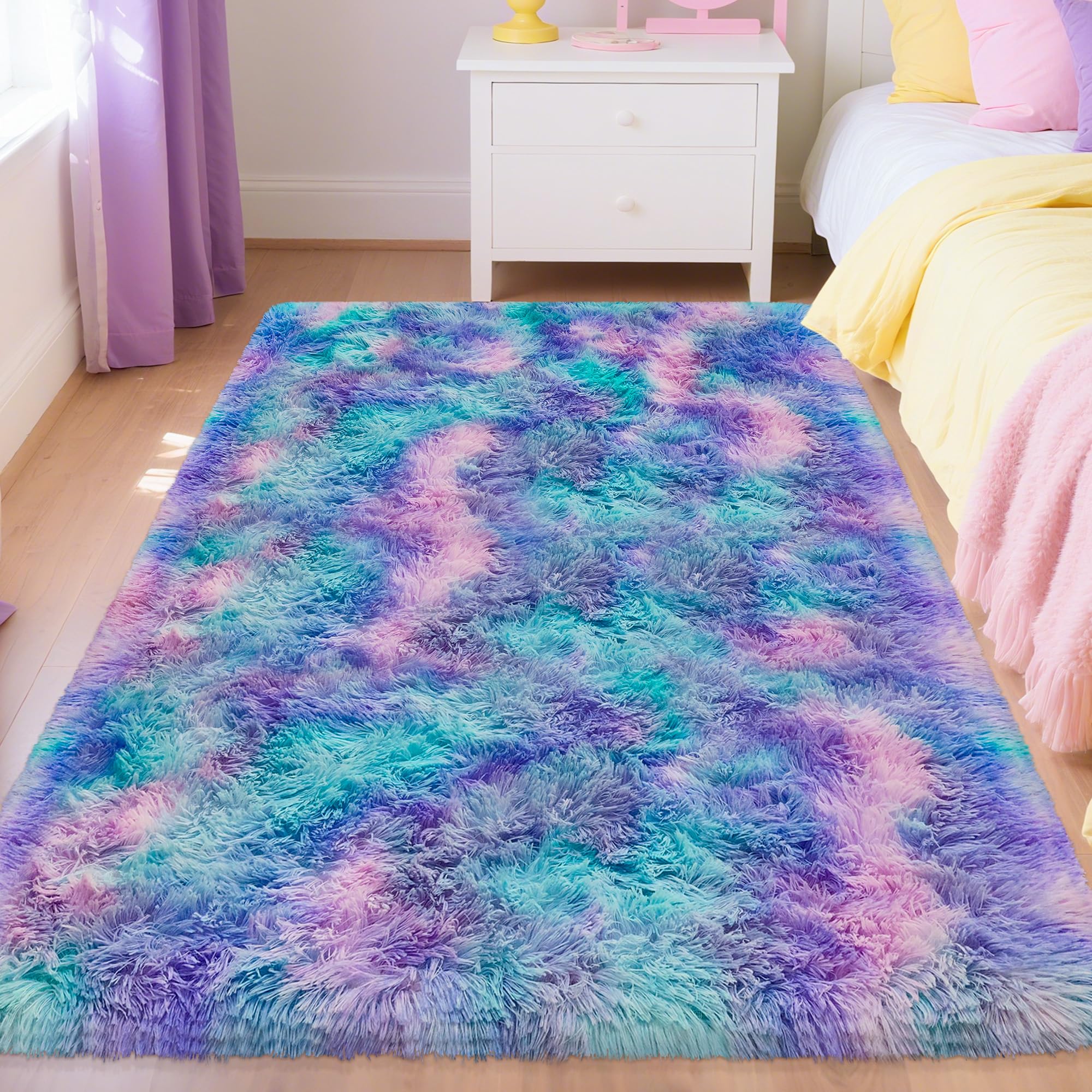 Moquette douce à poils longs pour chambre de filles, tapis pelucheux et coloré pour chambre de filles, tapis de jeu à poils longs pour chambre d'enfant, de bébés et de filles, 1,2 x 1,8 m,
